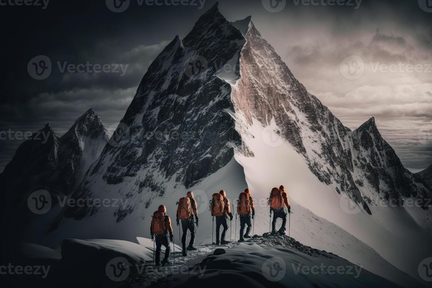 illustration of group of mountaineers. Multiple high alpine climbers in front of a gigantic mountain photo