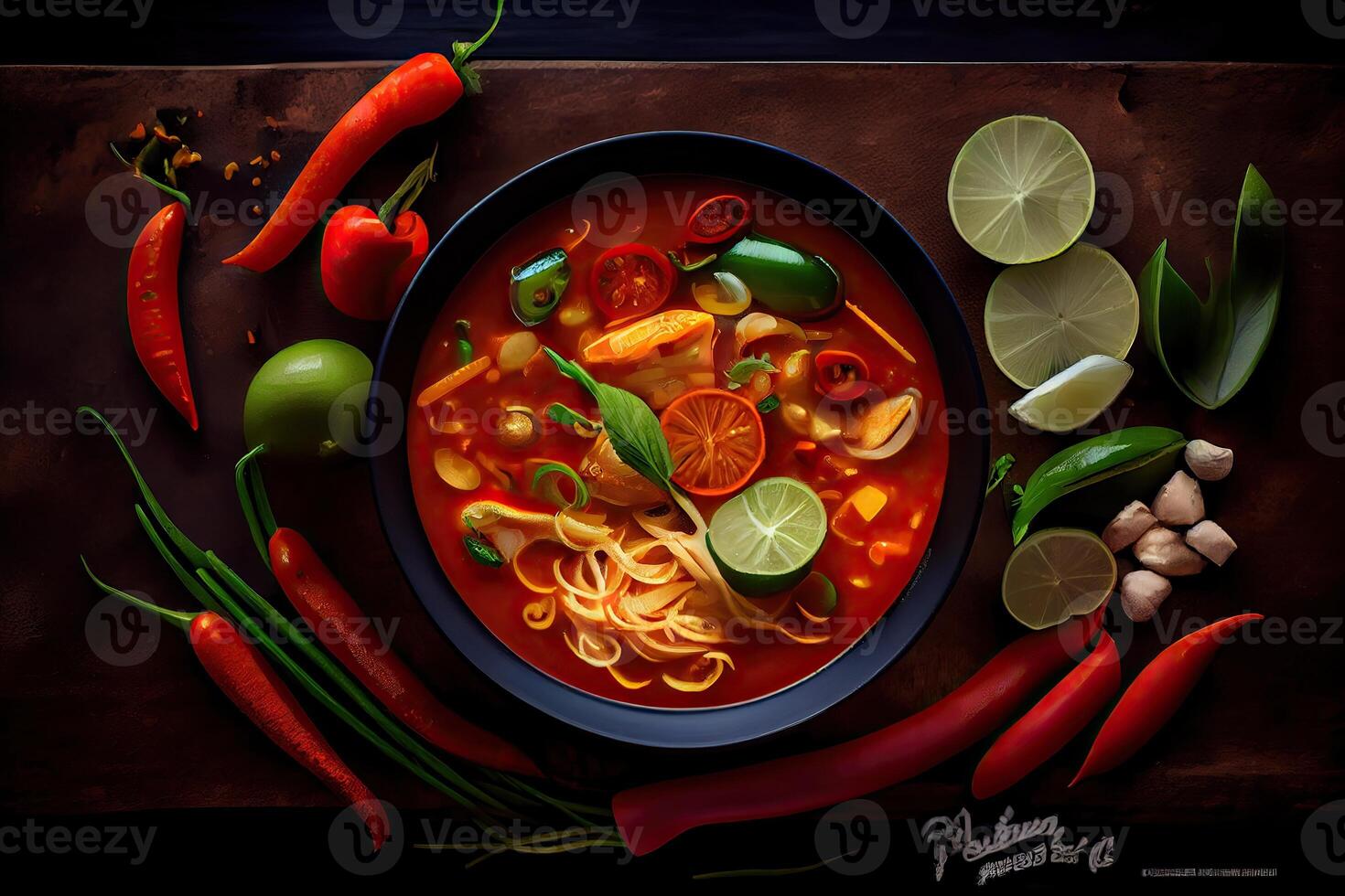 illustration of appetizing bowl of Tom Yum soup, spicy Thai soup with shrimp, seafood, coconut milk and chili pepper in bowl copy space photo