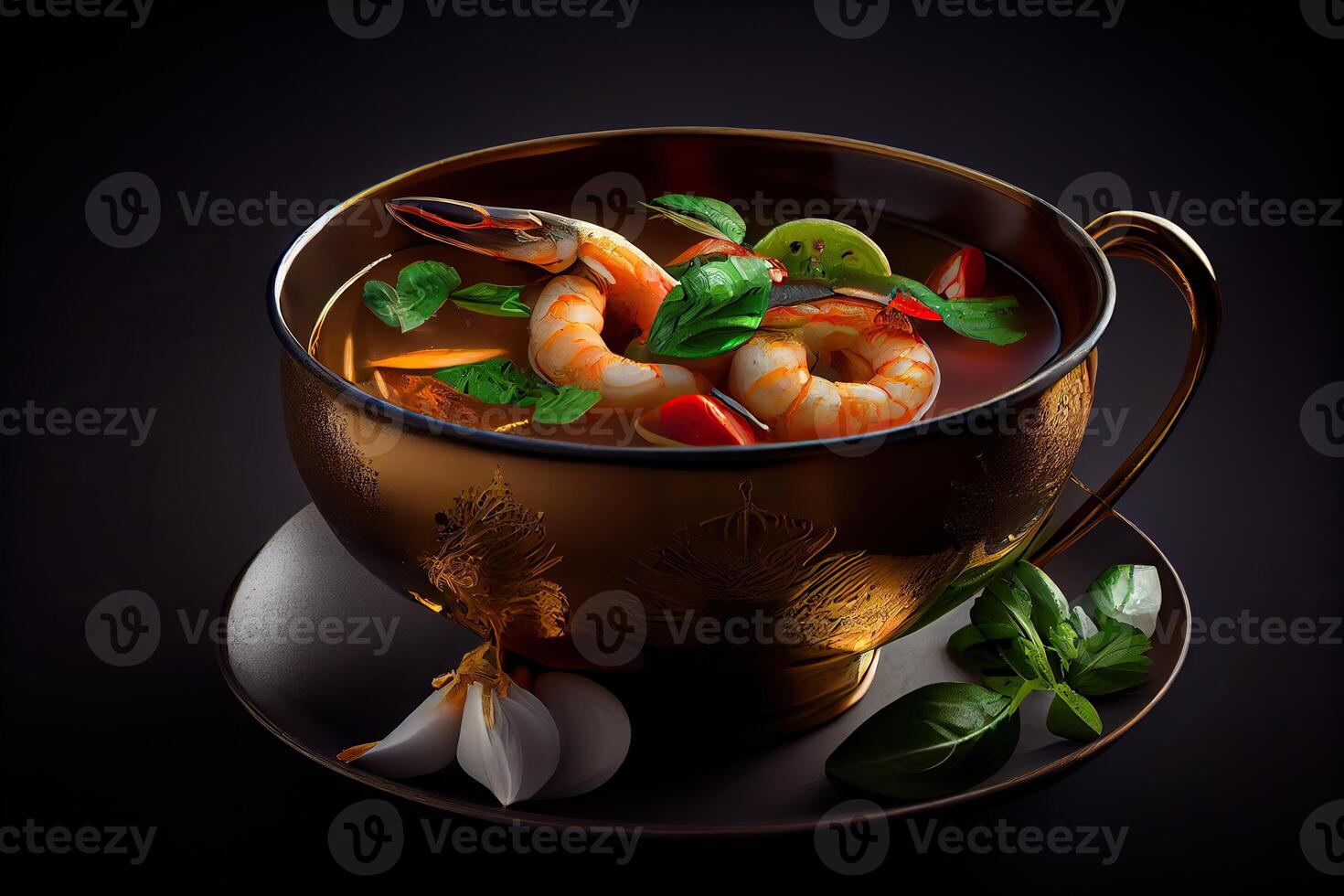 illustration of appetizing bowl of Tom Yum soup, spicy Thai soup with shrimp, seafood, coconut milk and chili pepper in bowl copy space photo