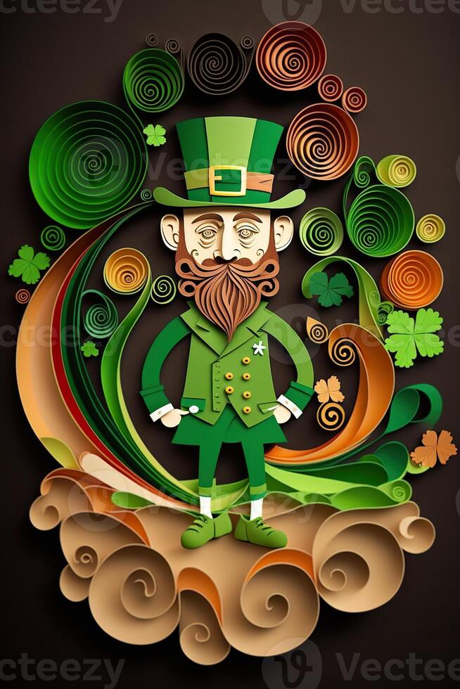 illustration of whimsical Irish cartoon, sharock, beer, green, pot of gold, happy st patrick Day, quilling paper cut art photo