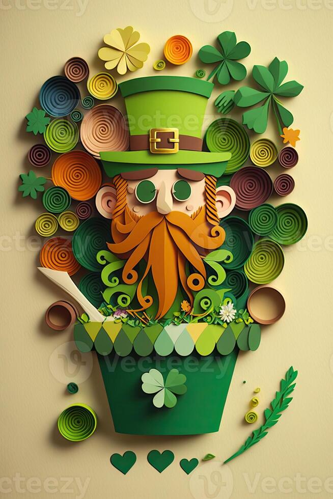 illustration of whimsical Irish cartoon, sharock, beer, green, pot of gold, happy st patrick Day, quilling paper cut art photo