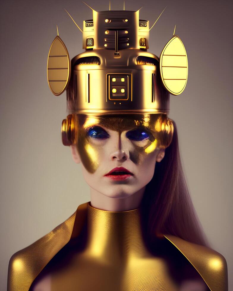 A woman with a gold helmet and a gold helmet that says robot photo