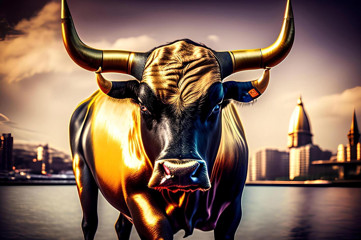 A bull with a gold horn stands in front of a cityscape photo