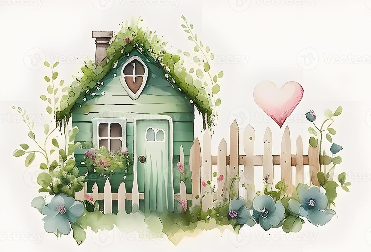 Watercolor green wooden vintage style barn in countryside landscape. Watercolor illustration of green farmhouse. Green barn, wooden windmill, village. Farm and countryside element. photo