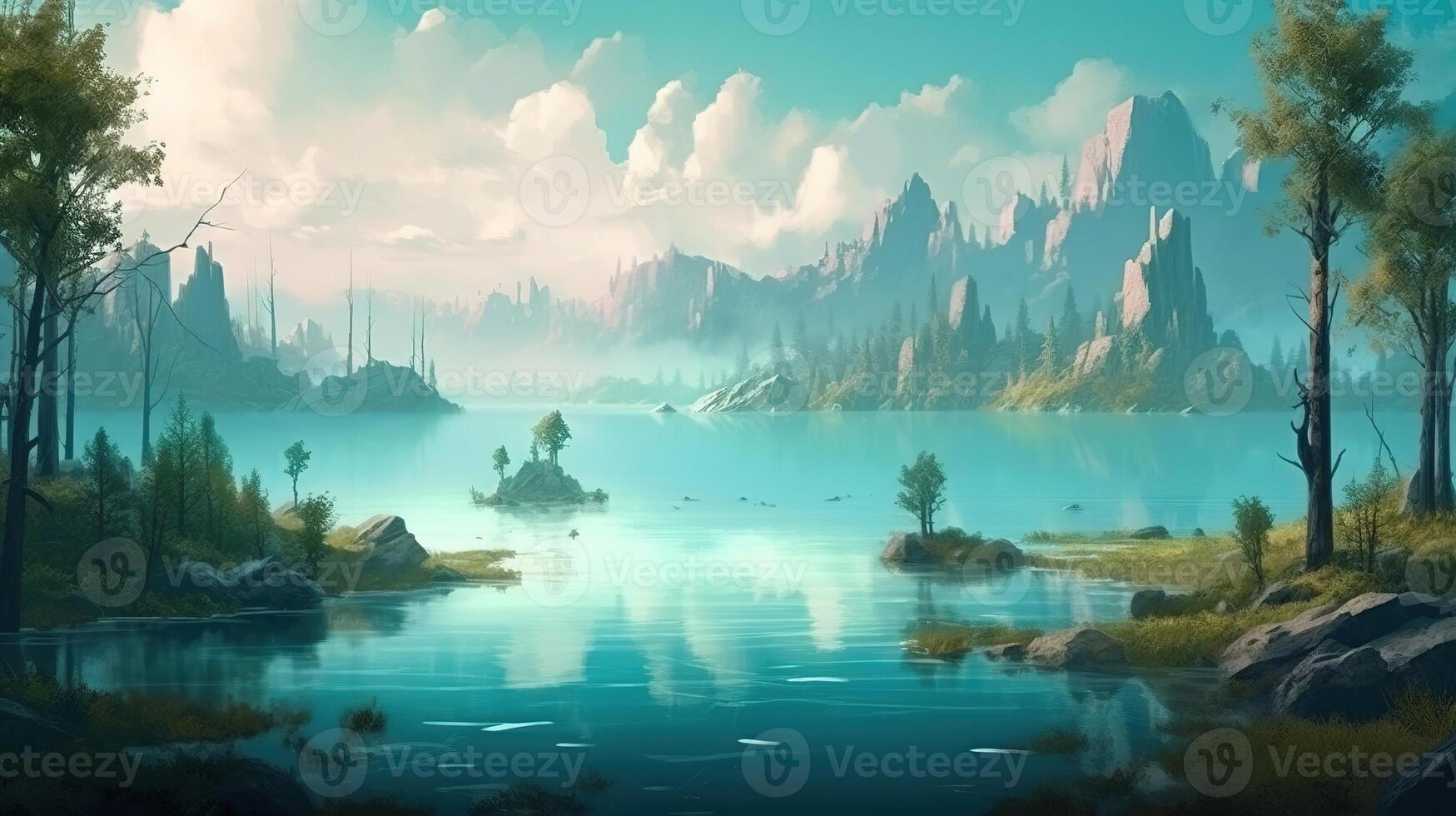 Lake Fantasy Backdrop Concept Art Realistic Illustration Background with photo