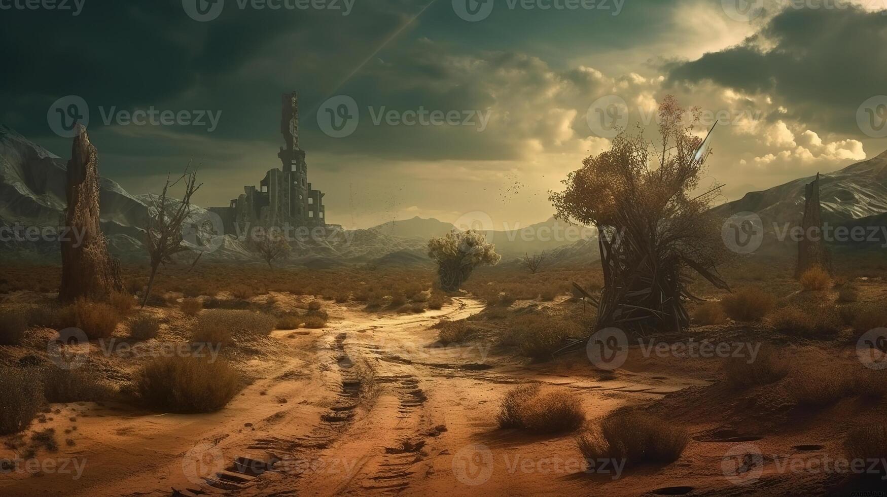 Wasteland Fantasy Backdrop Concept Art Realistic Illustration Background With photo