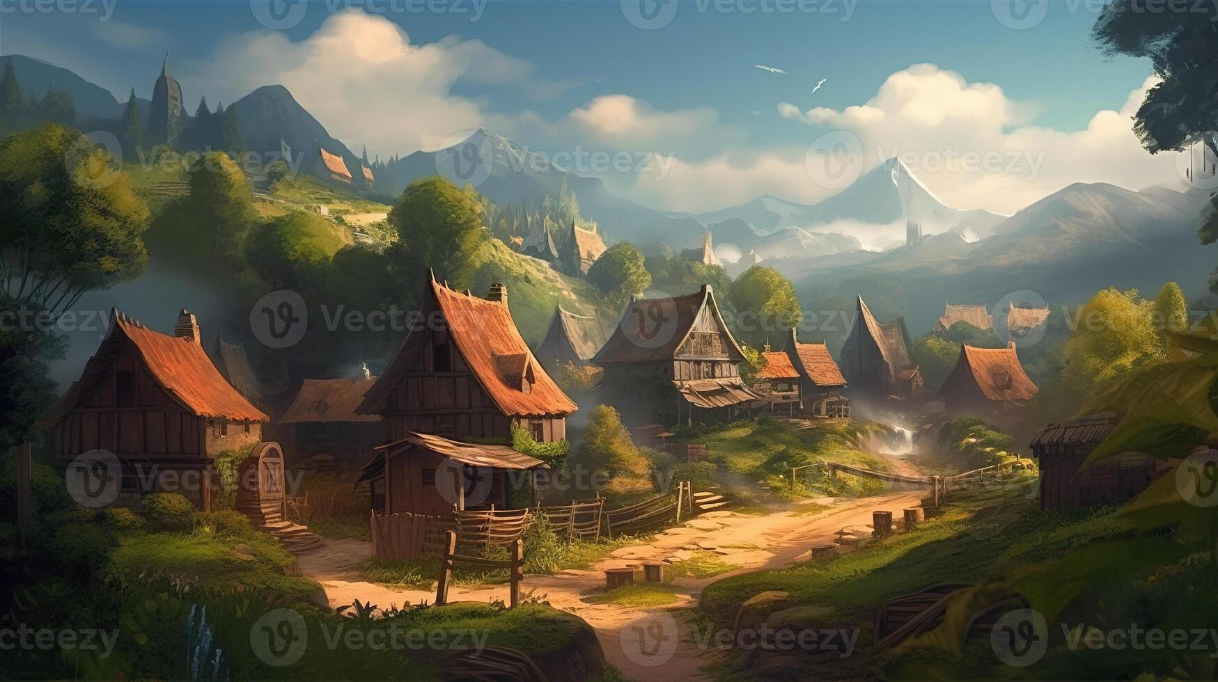 Village Fantasy Backdrop Concept Art Realistic Illustration Background with photo
