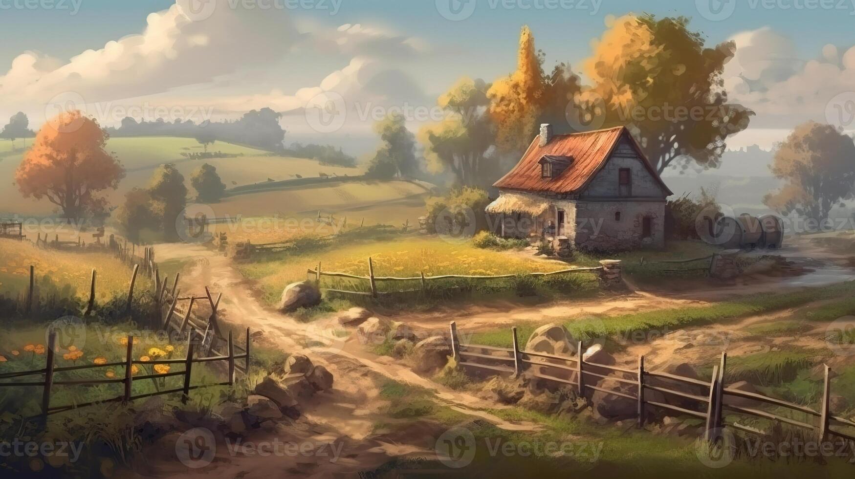 Farm Fantasy Backdrop Concept Art Realistic Illustration Background