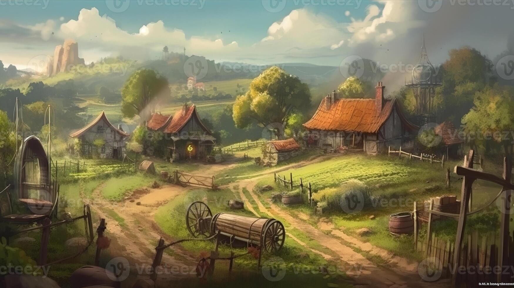 Farm Fantasy Backdrop Concept Art Realistic Illustration Background with photo