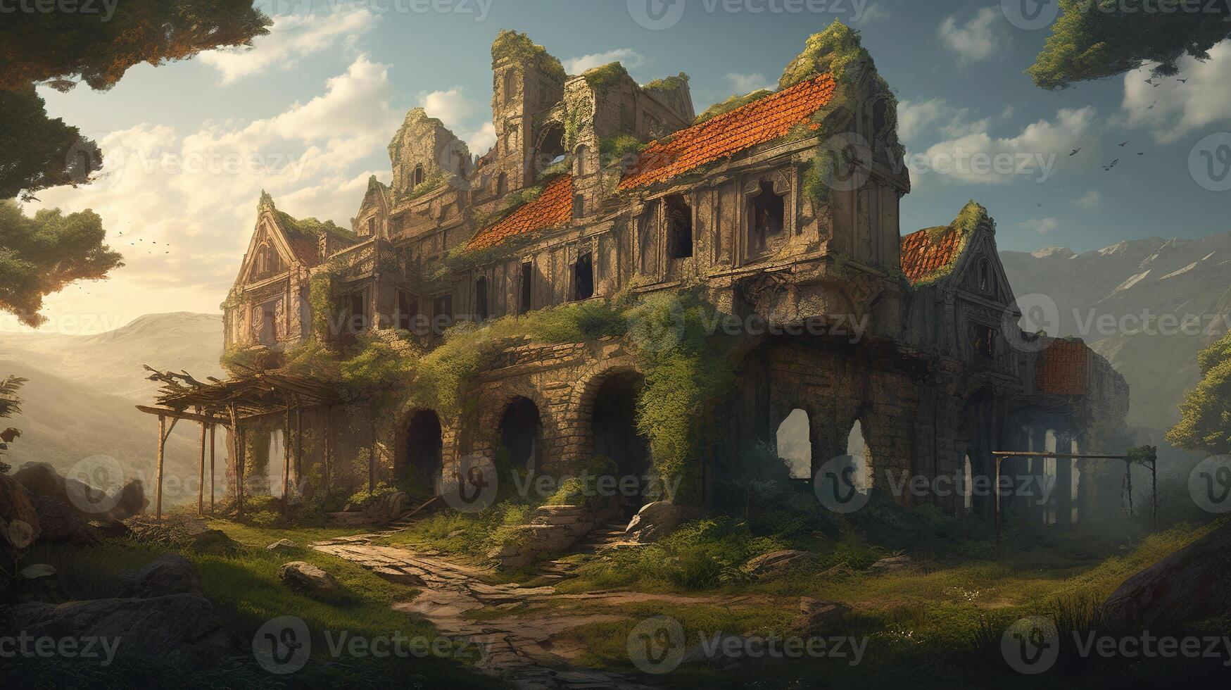Ruin Building Fantasy Backdrop Concept Art Realistic Illustration Background with photo