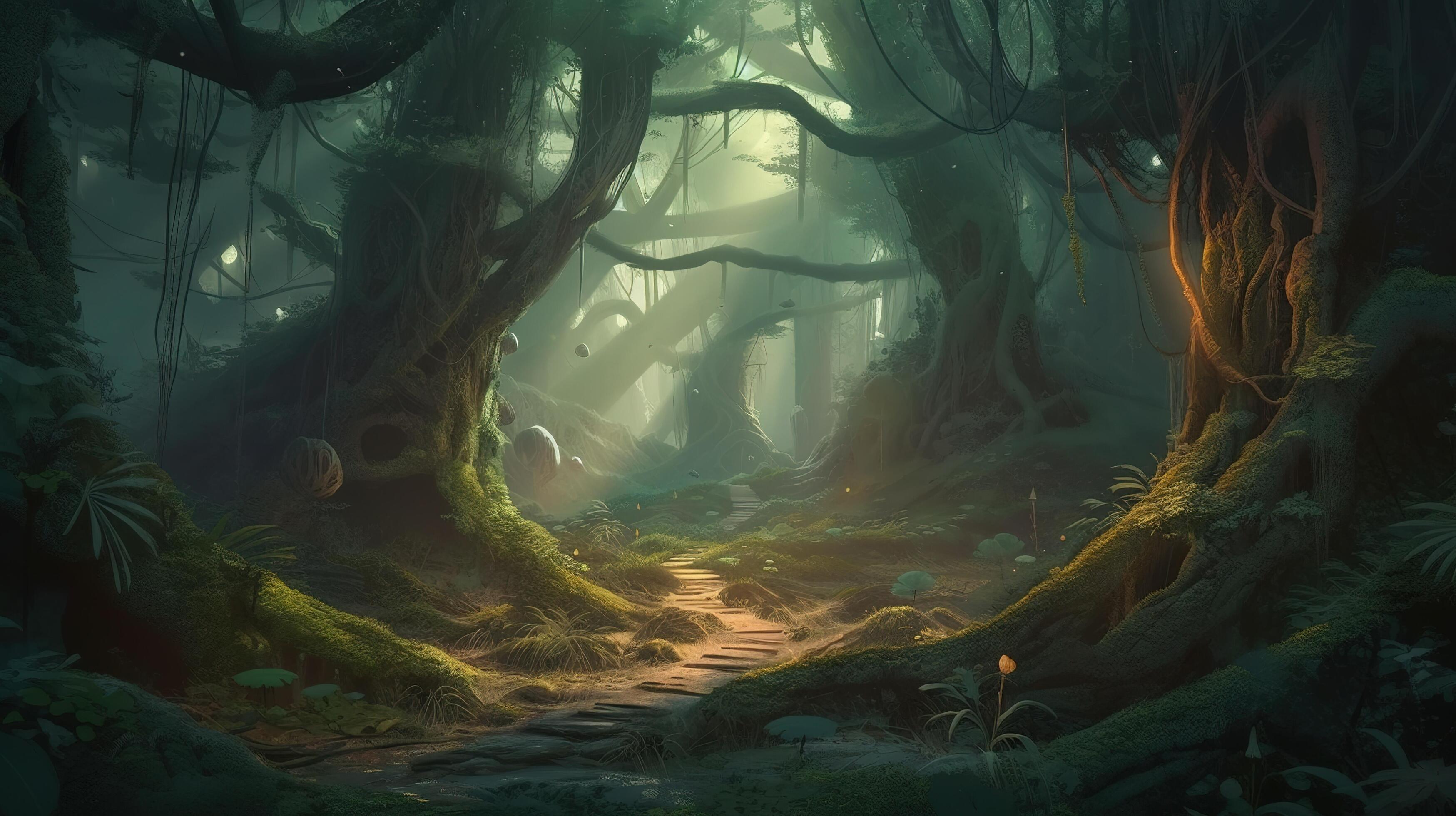 Deep Forest Fantasy Backdrop Concept Art Realistic Illustration ...