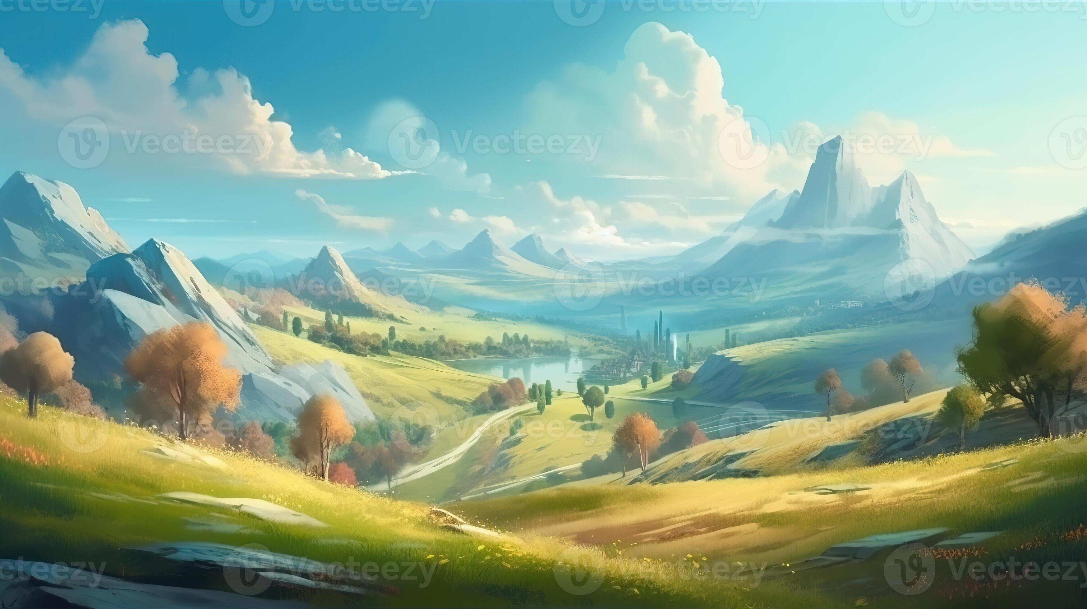 Hill Fantasy Backdrop Concept Art Realistic Illustration Background ...