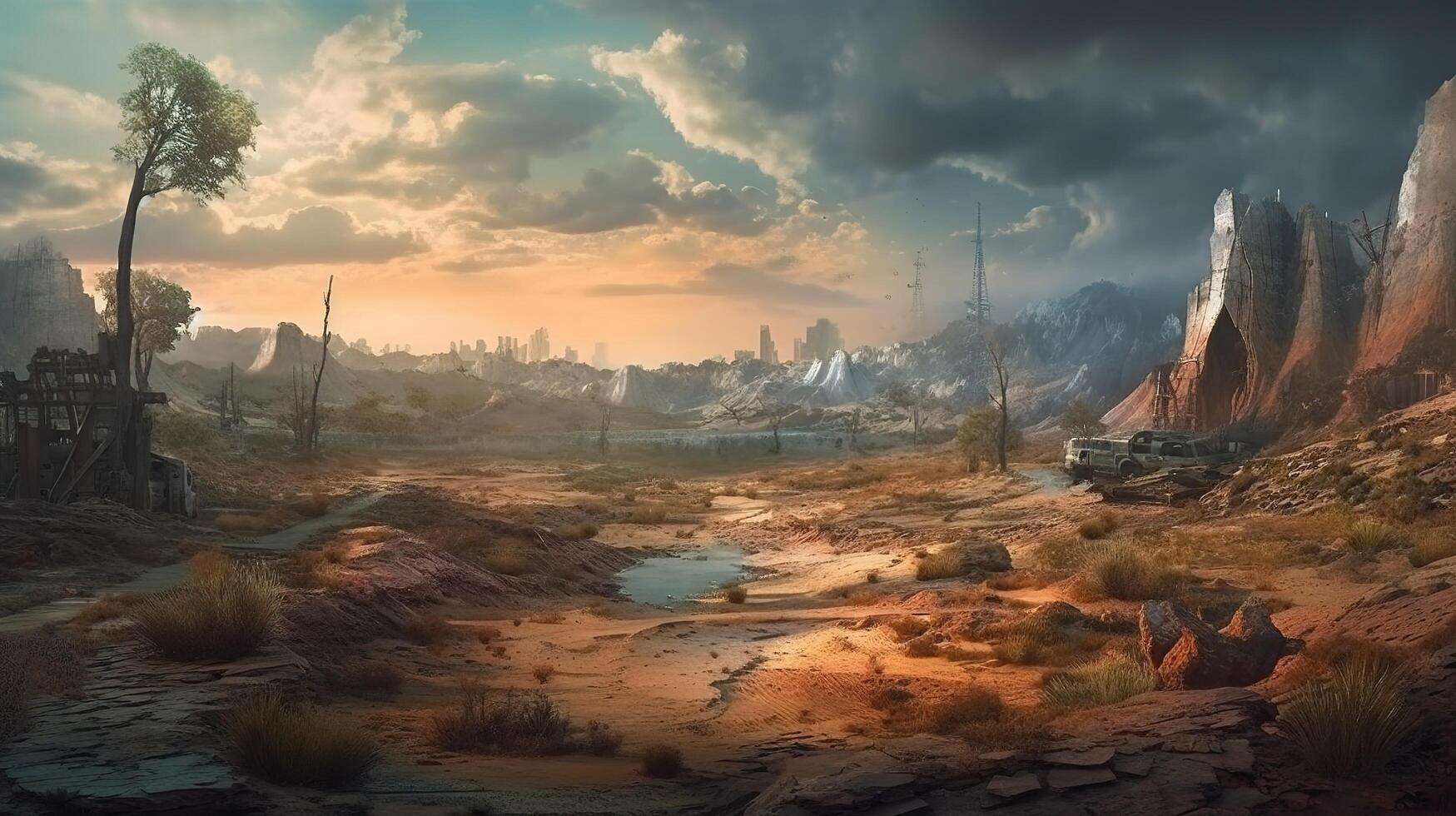 Wasteland Fantasy Backdrop Concept Art Realistic Illustration Background With photo