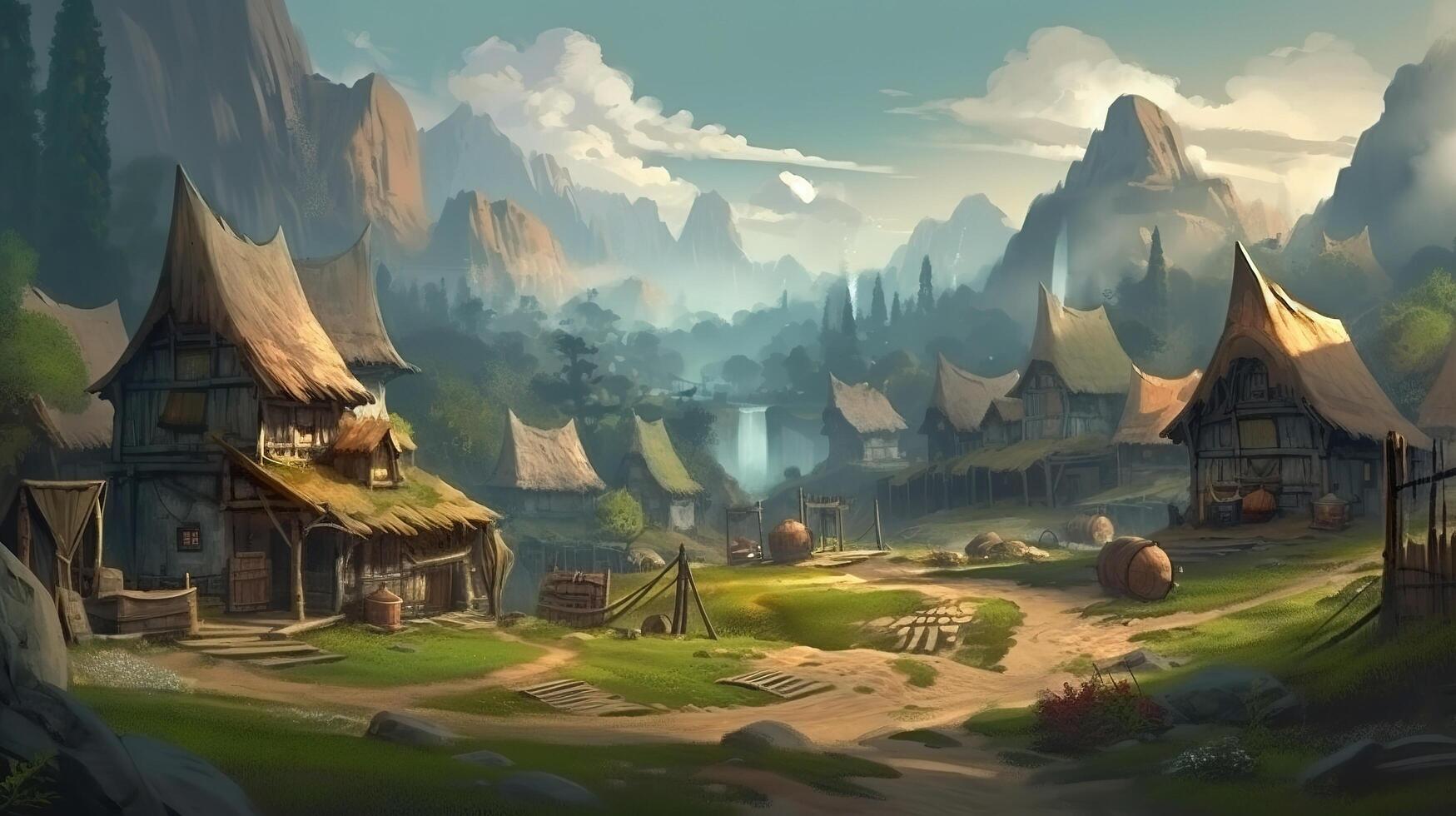 Village Fantasy Backdrop Concept Art Realistic Illustration Background with photo