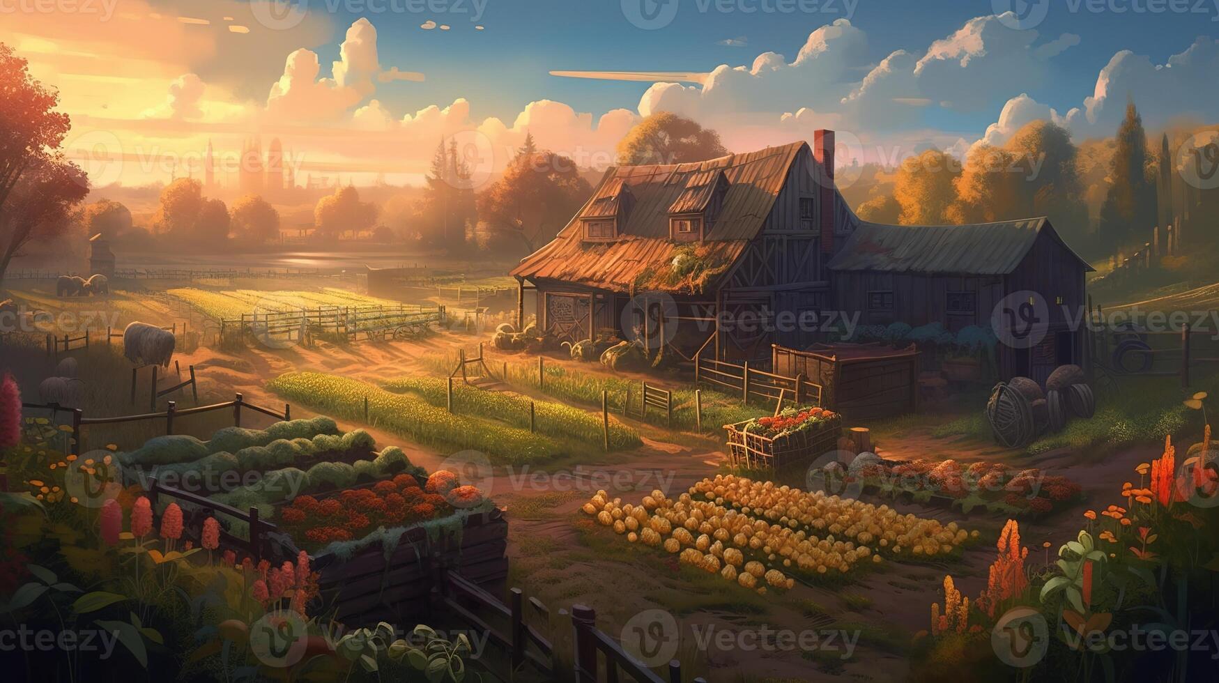 Farm Fantasy Backdrop Concept Art Realistic Illustration Background with photo