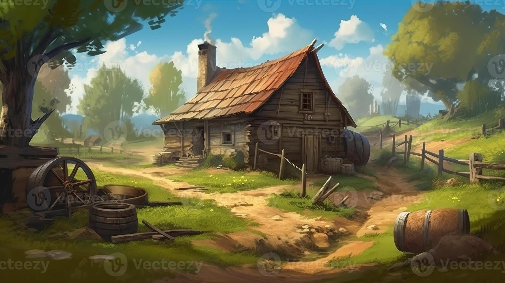 Farm Fantasy Backdrop Concept Art Realistic Illustration Background with photo