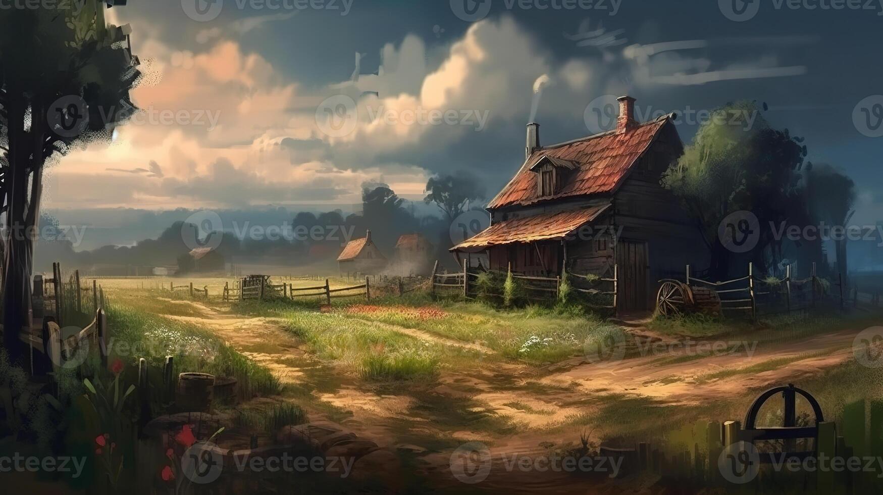 Farm Fantasy Backdrop Concept Art Realistic Illustration Background with photo