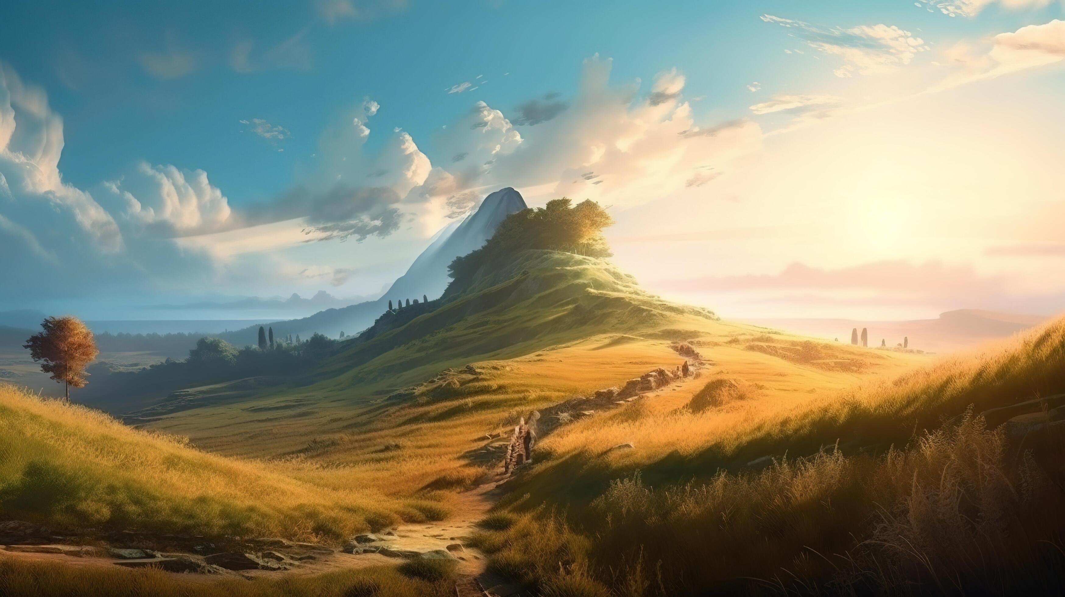 Hill Fantasy Backdrop Concept Art Realistic Illustration Background ...