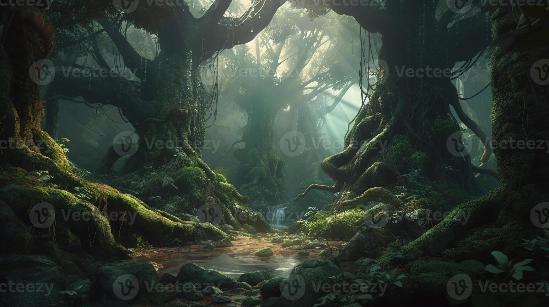 profundo bosque fantasía fondo concepto Arte realista ilustración antecedentes con generativo ai foto