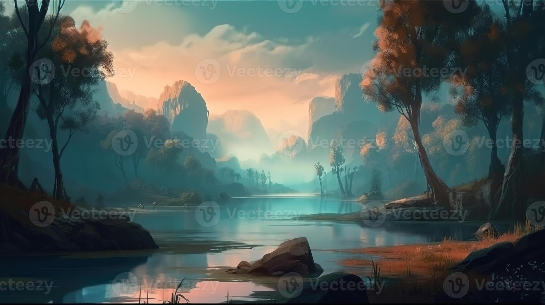 lago fantasía fondo concepto Arte realista ilustración antecedentes con generativo ai foto