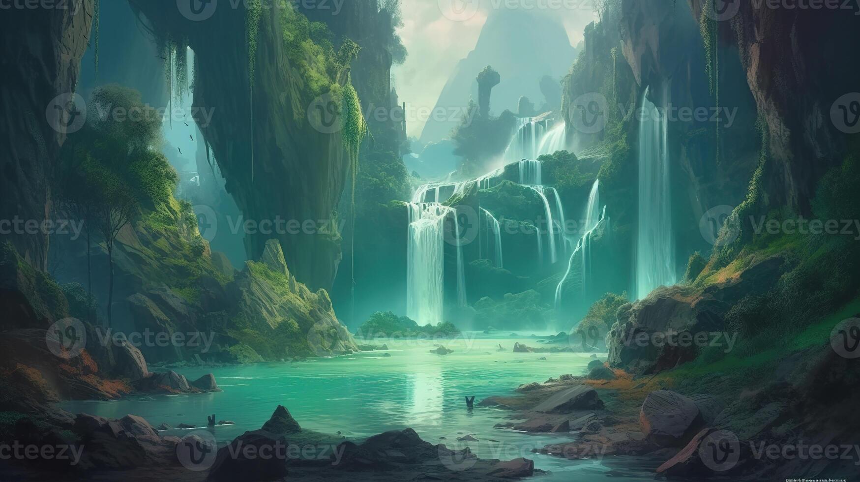 Waterfall Fantasy Backdrop Concept Art Realistic Illustration Background with photo