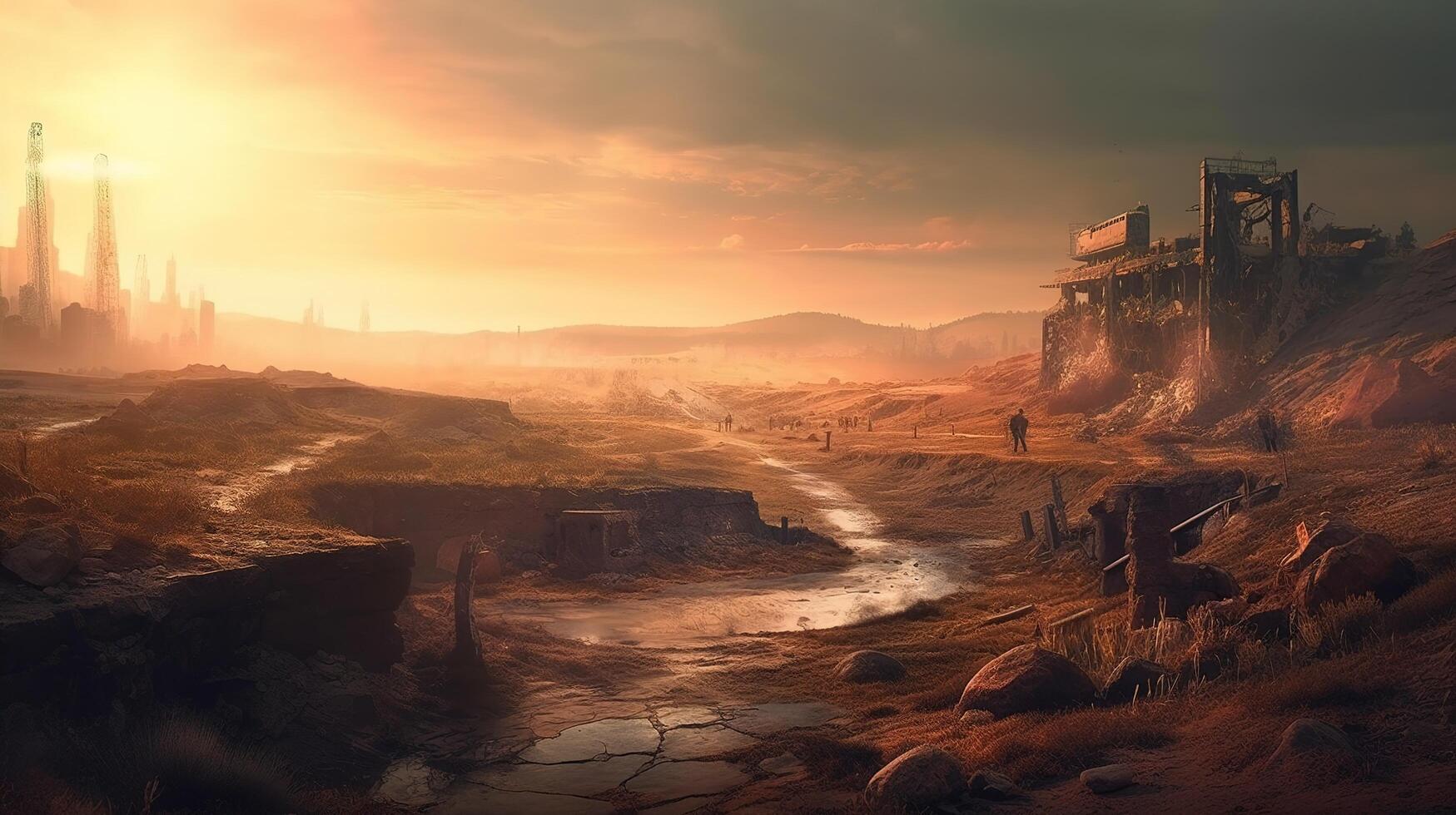 Wasteland Fantasy Backdrop Concept Art Realistic Illustration Background With photo