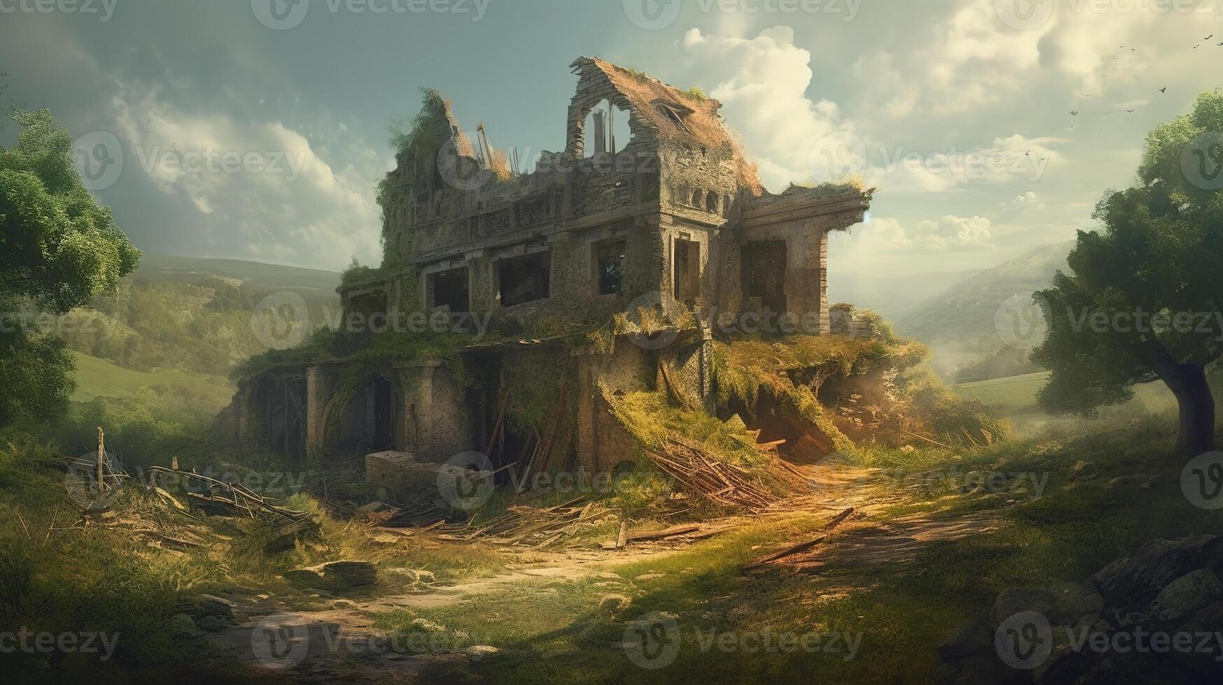 Ruin Building Fantasy Backdrop Concept Art Realistic Illustration Background with photo
