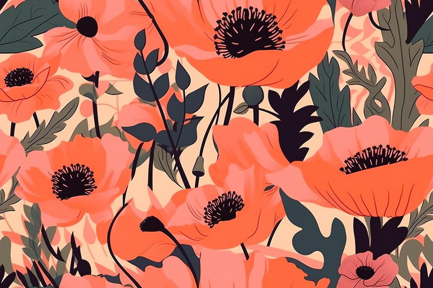 Bright Orange Pink Poppies Flowers Abstract Illustration Seamless Pattern Background with photo