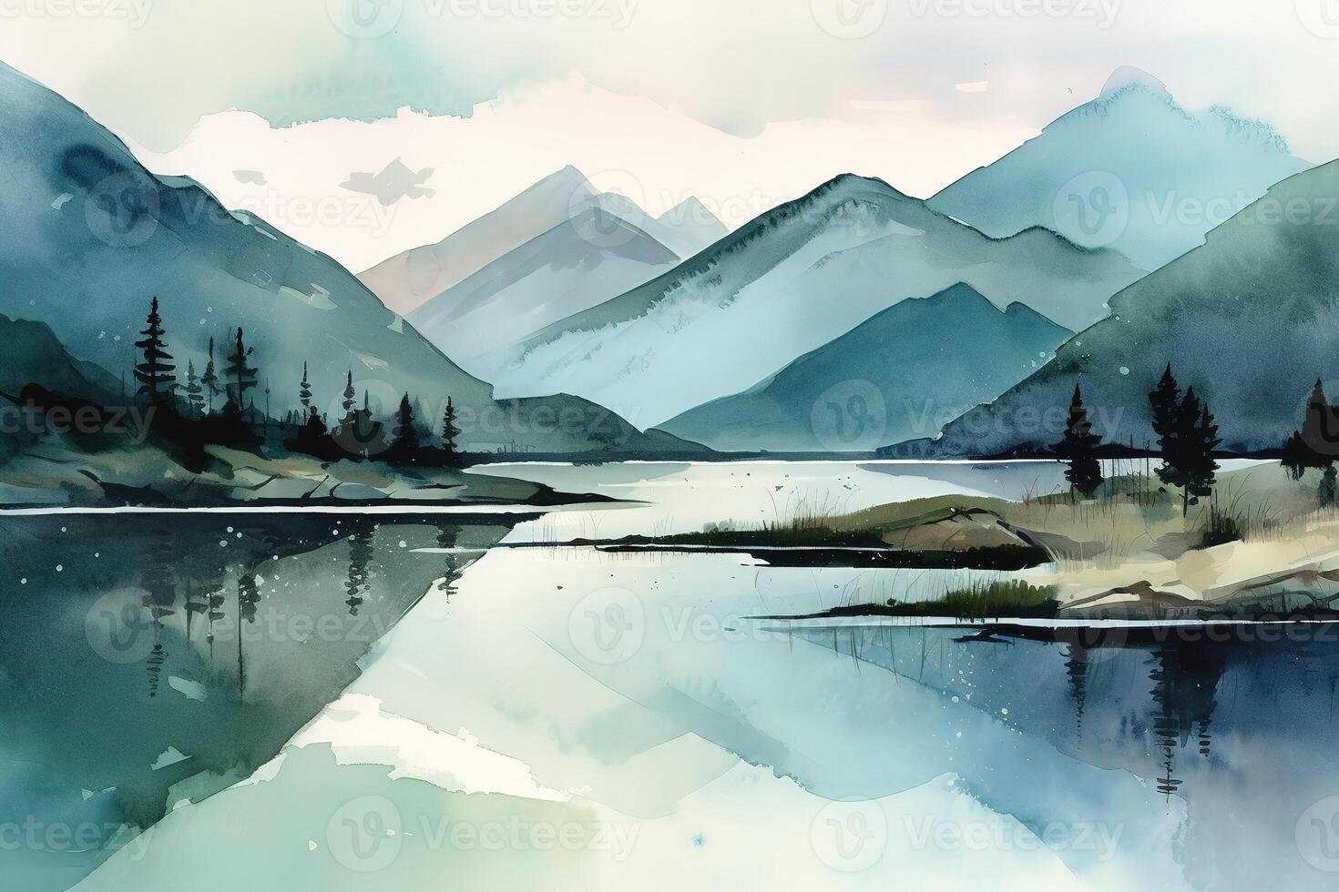 A Peaceful and Serene Landscape Painting Art Illustration Background with photo