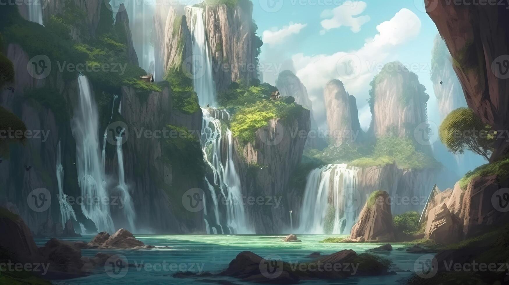 Waterfall Fantasy Backdrop Concept Art Realistic Illustration Background with photo