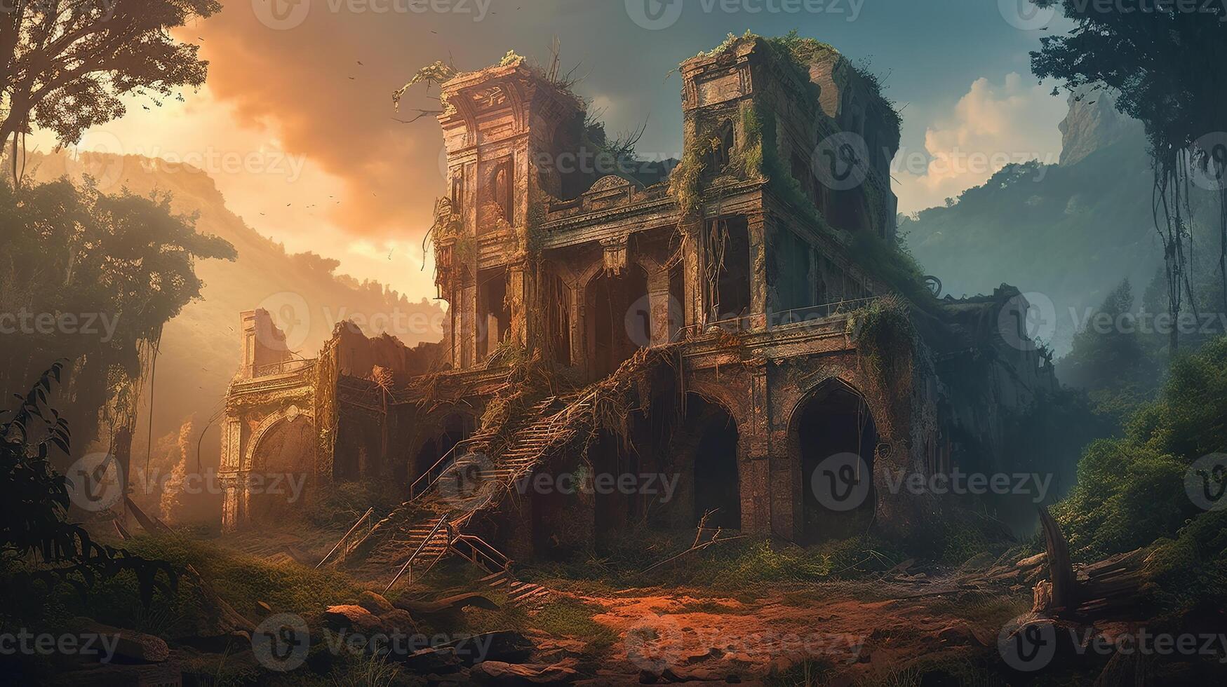 Ruin Building Fantasy Backdrop Concept Art Realistic Illustration Background with photo