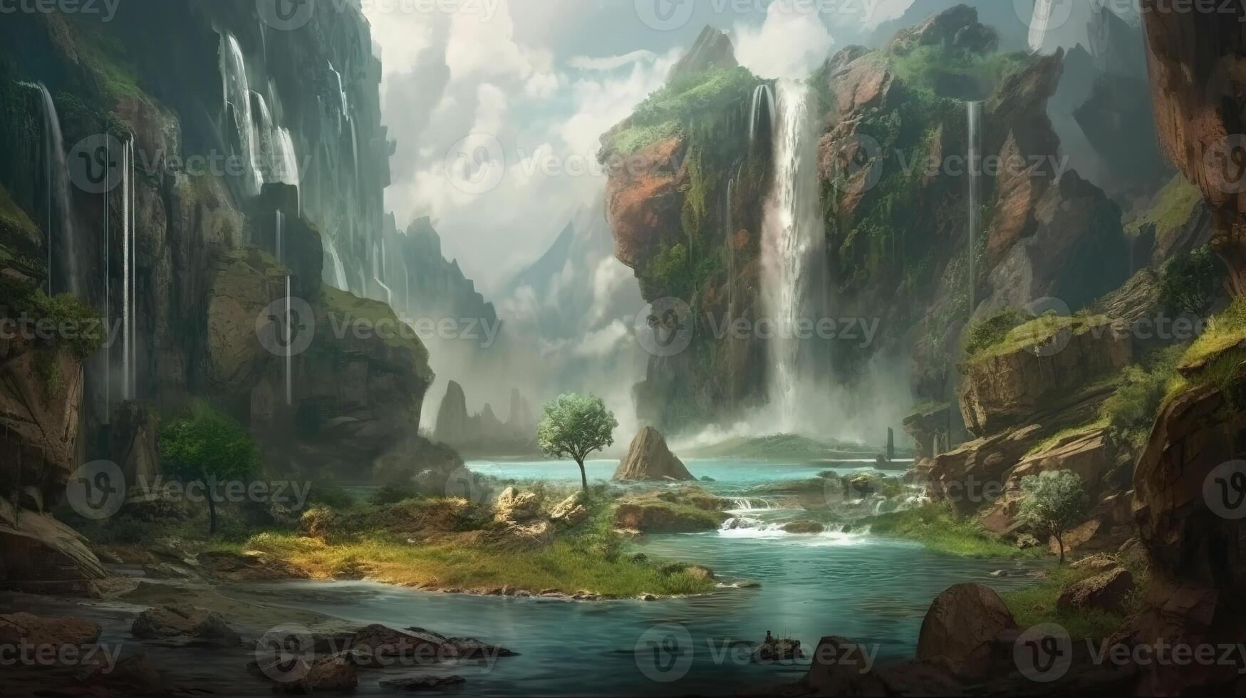 Waterfall Fantasy Backdrop Concept Art Realistic Illustration Background with photo