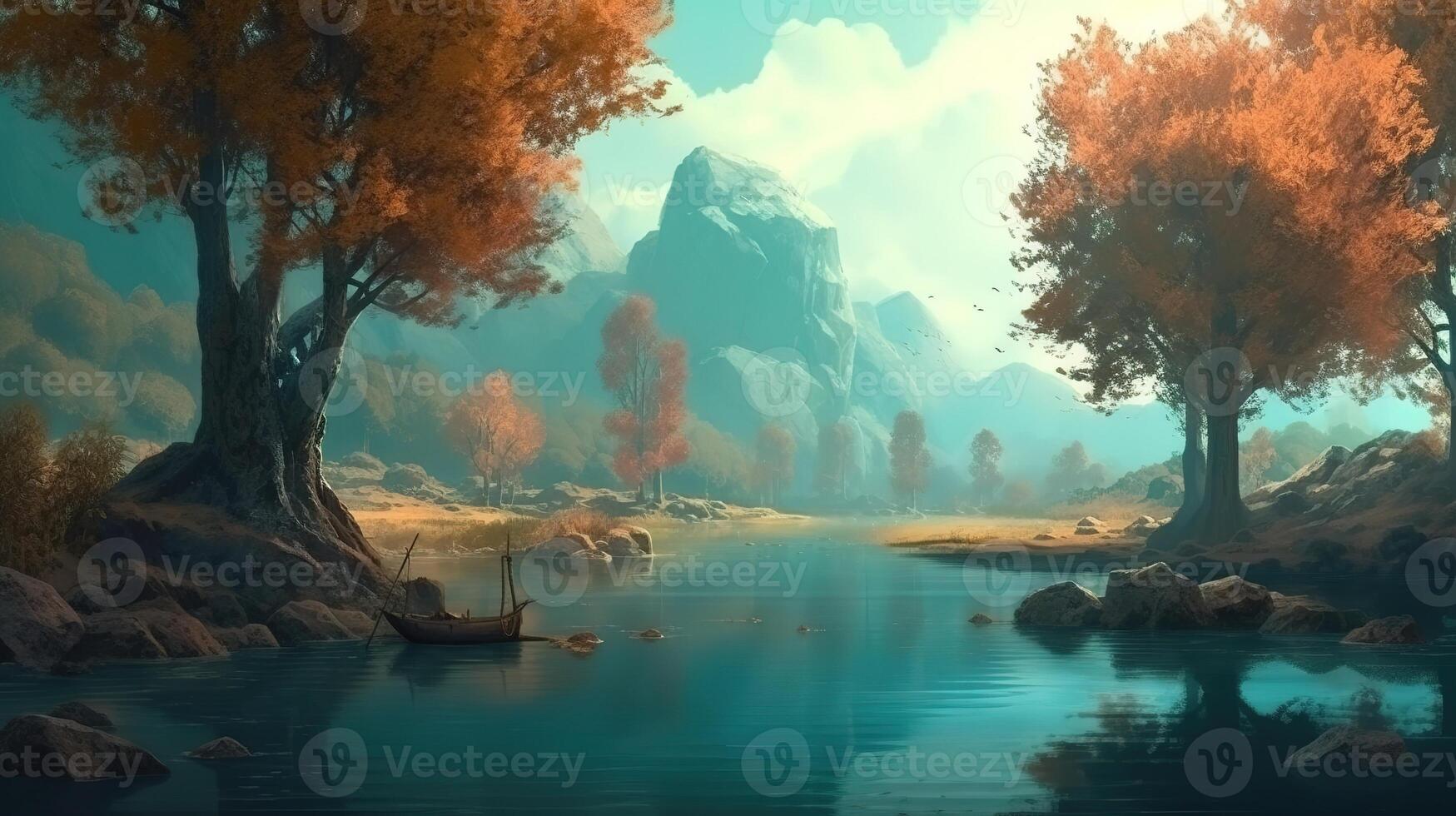 Lake Fantasy Backdrop Concept Art Realistic Illustration Background with photo