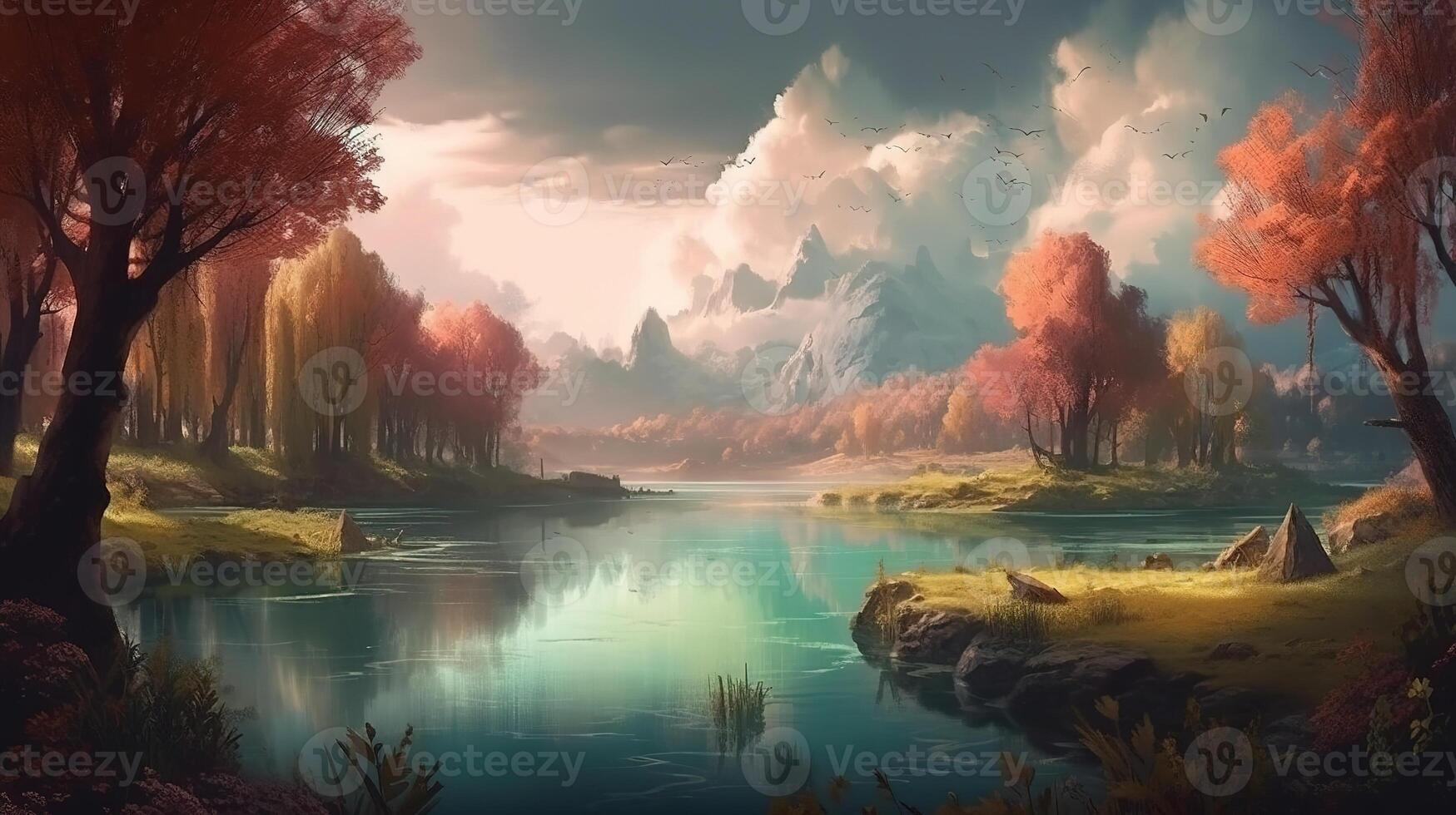Lake Fantasy Backdrop Concept Art Realistic Illustration Background with photo