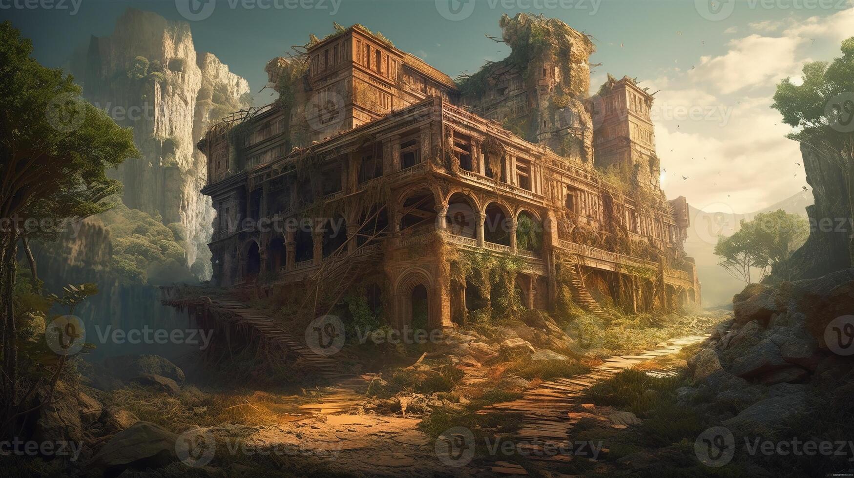 Ruin Building Fantasy Backdrop Concept Art Realistic Illustration Background with photo