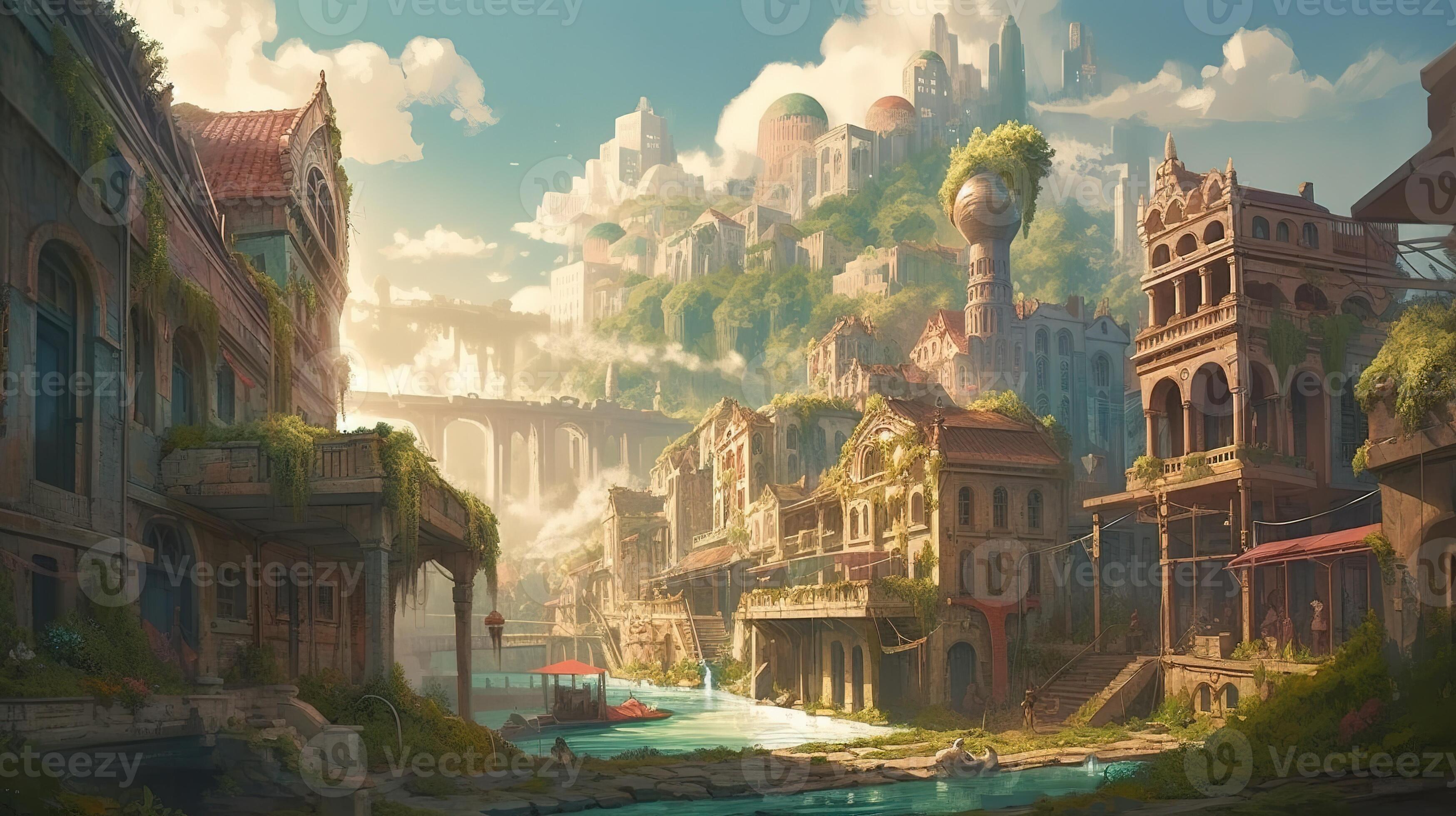 City Fantasy Backdrop Concept Art Realistic Illustration Background