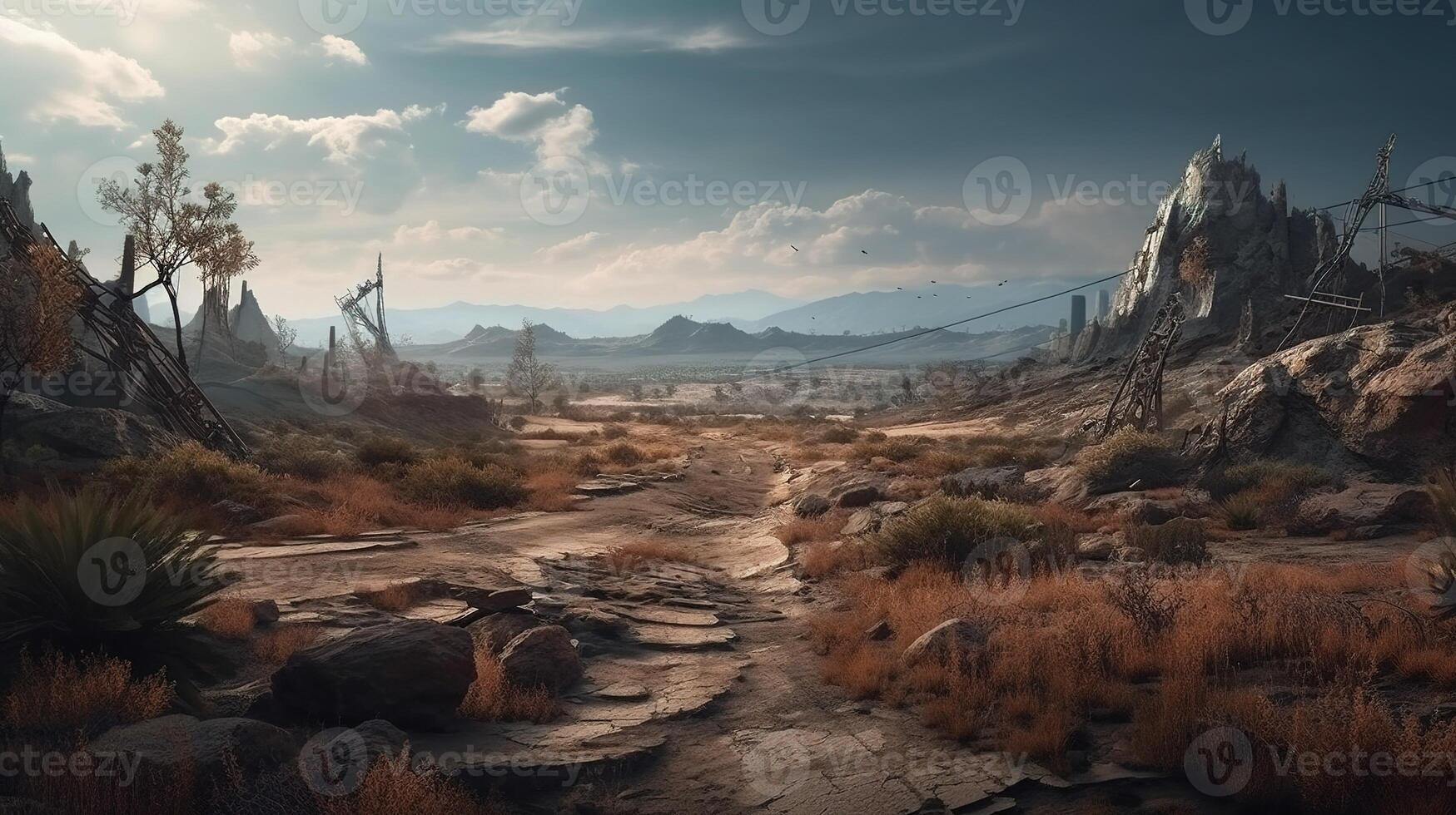 Wasteland Fantasy Backdrop Concept Art Realistic Illustration Background With photo