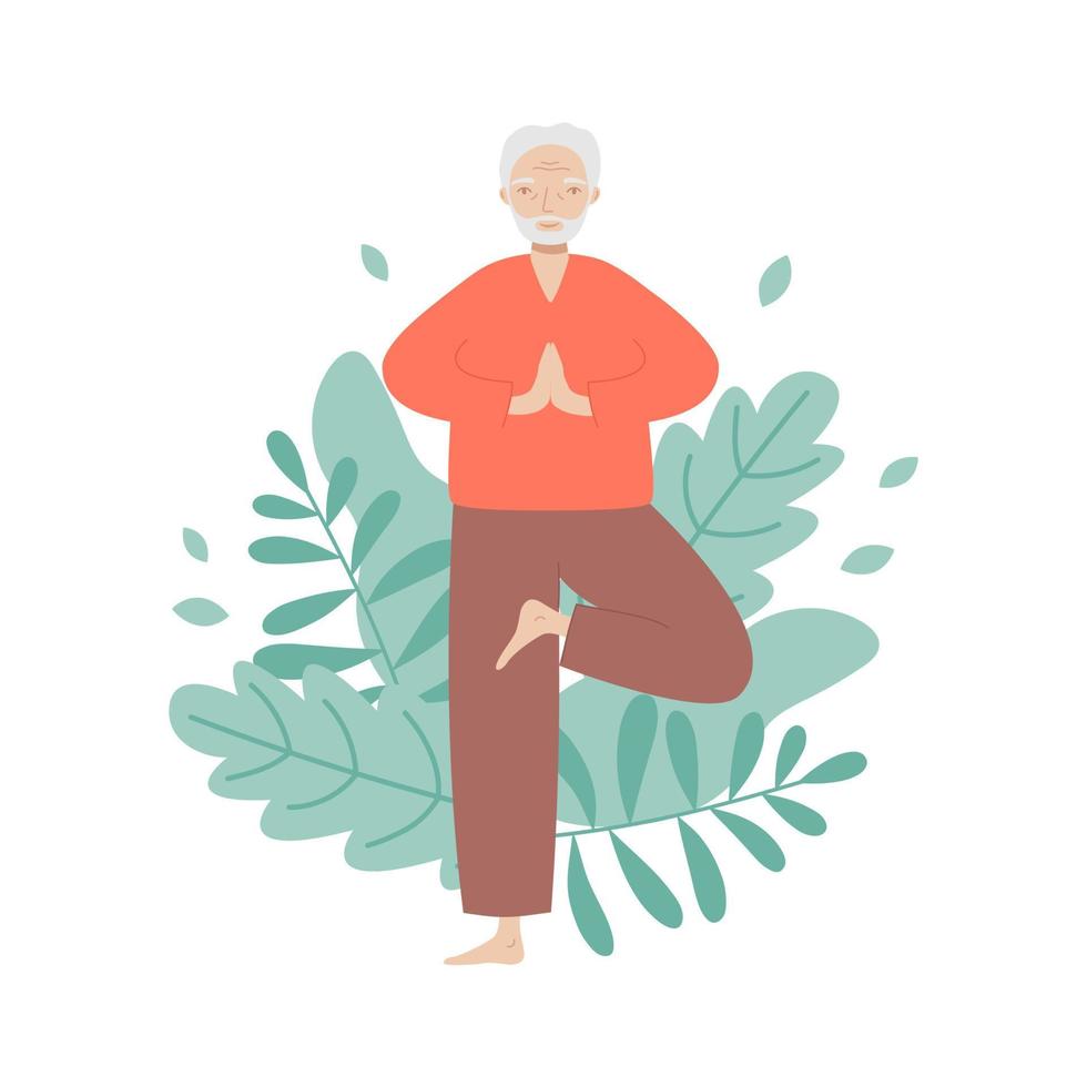 Senior man doing yoga with leaves background. Old man practicing meditation, exercising, keeping active healthy lifestyle vector