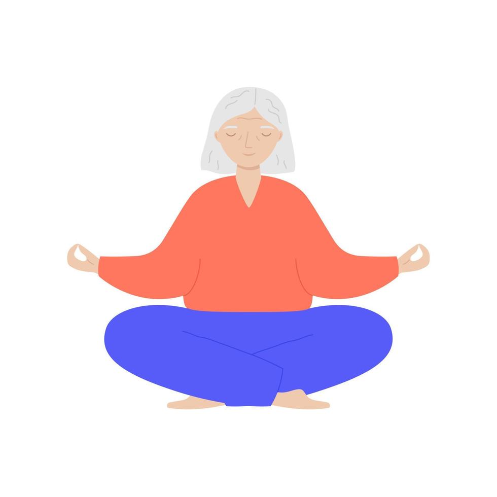 mayor mujer se sienta con las piernas cruzadas y medita antiguo mujer hace Mañana yoga o respiración ejercicios. vector