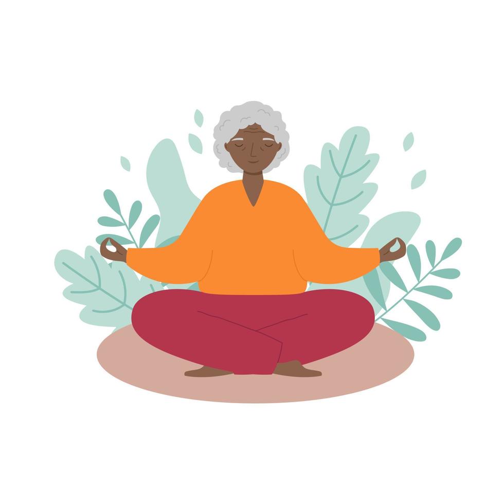 Senior woman sits cross-legged and meditates. Old woman makes morning yoga or breathing exercises. vector