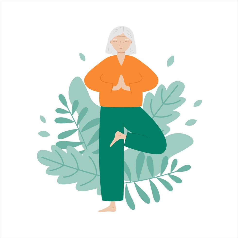 Senior woman doing yoga with leaves background. Old woman practicing meditation, exercising, keeping active healthy lifestyle. vector