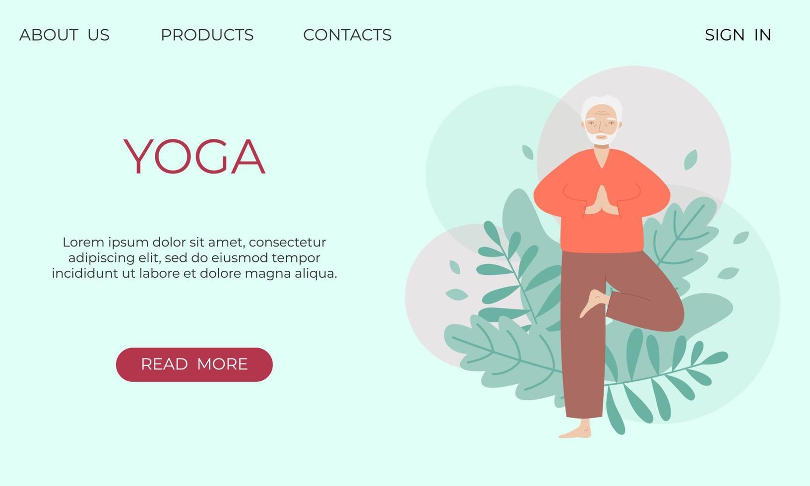 Banner template with senior man doing yoga. Old man practicing meditation, exercising, keeping active healthy lifestyle. vector