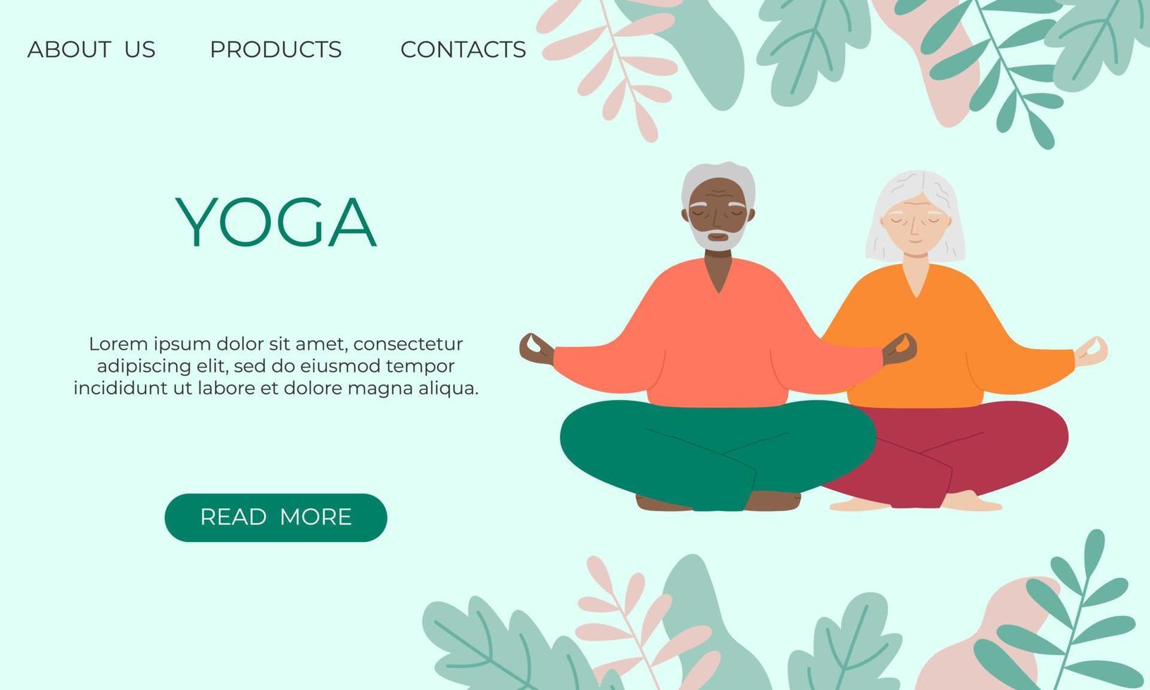 Banner template with senior man and woman doing yoga or breathing exercises. vector