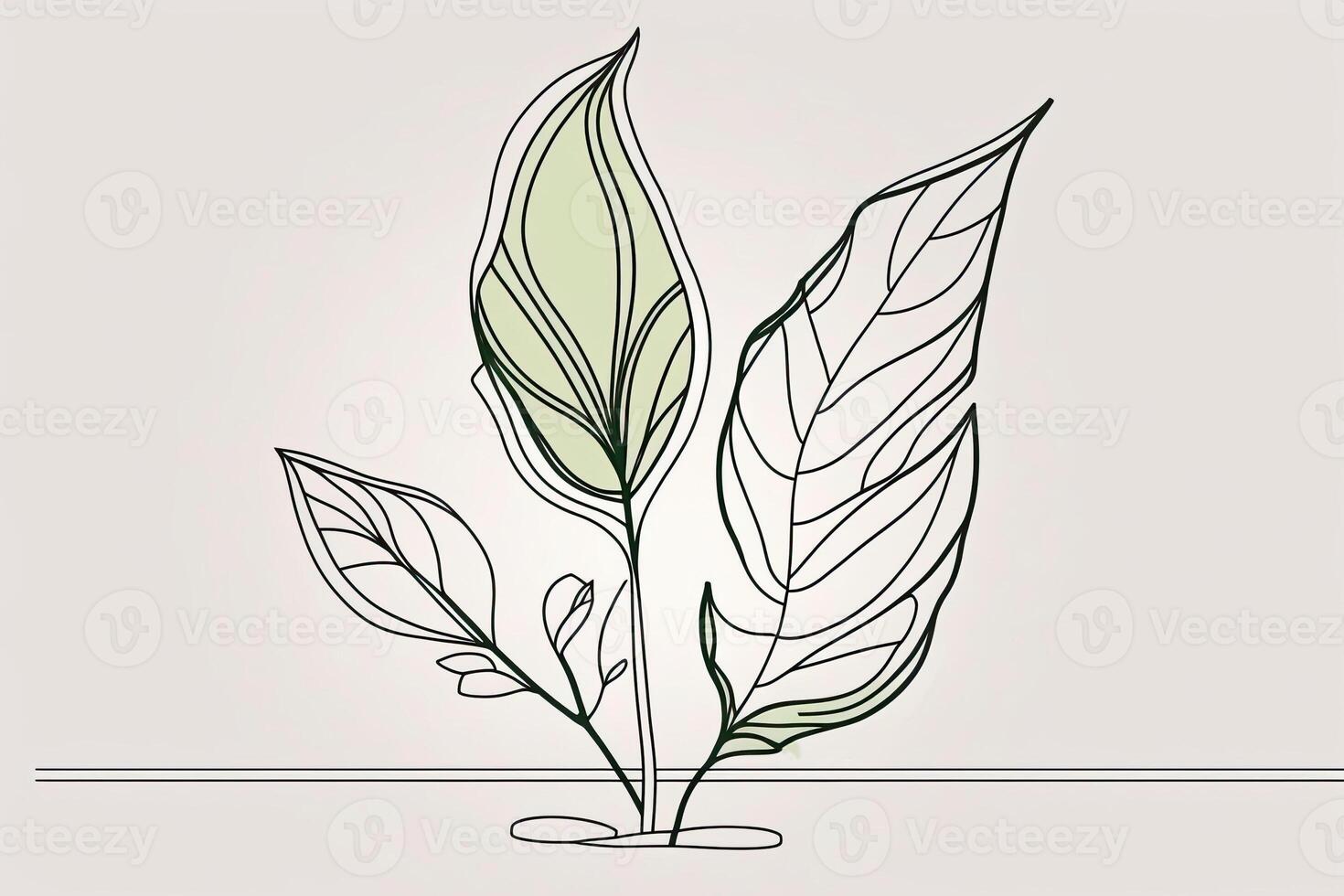 A continuous line of a simple illustration of a green leaf of a plant. . Abstract template of modern botanical design for minimalistic covers, prints on T-shirts, postcards, banners. photo