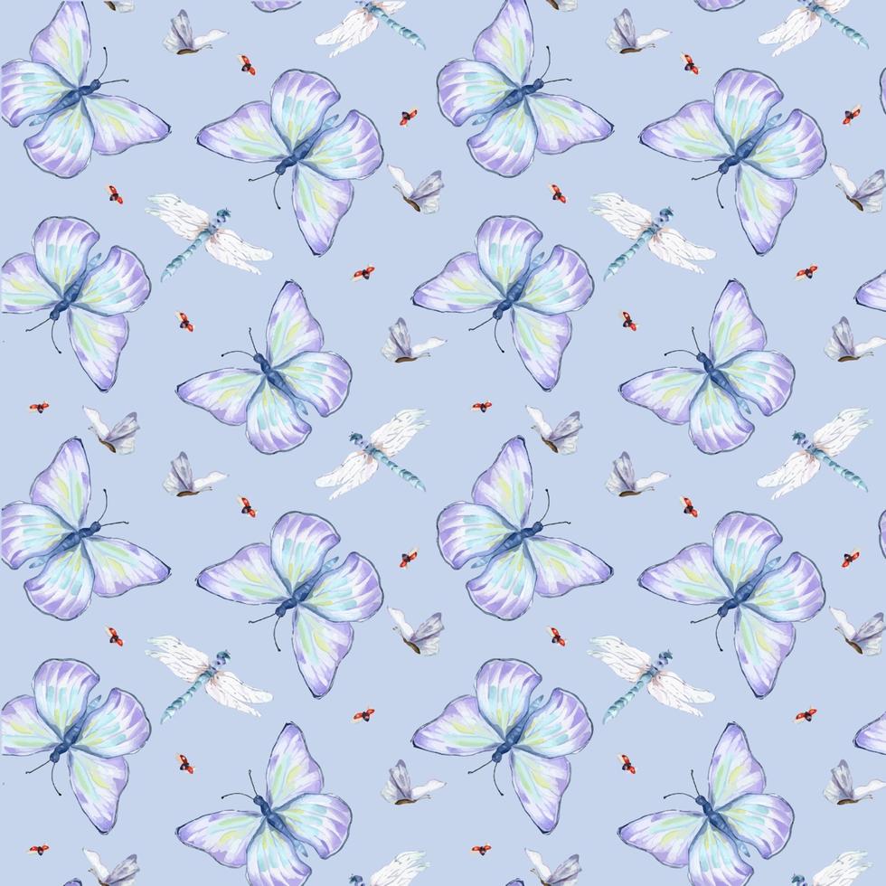 Blue butterflies, dragonflies and ladybugs watercolor seamless pattern on blue. vector