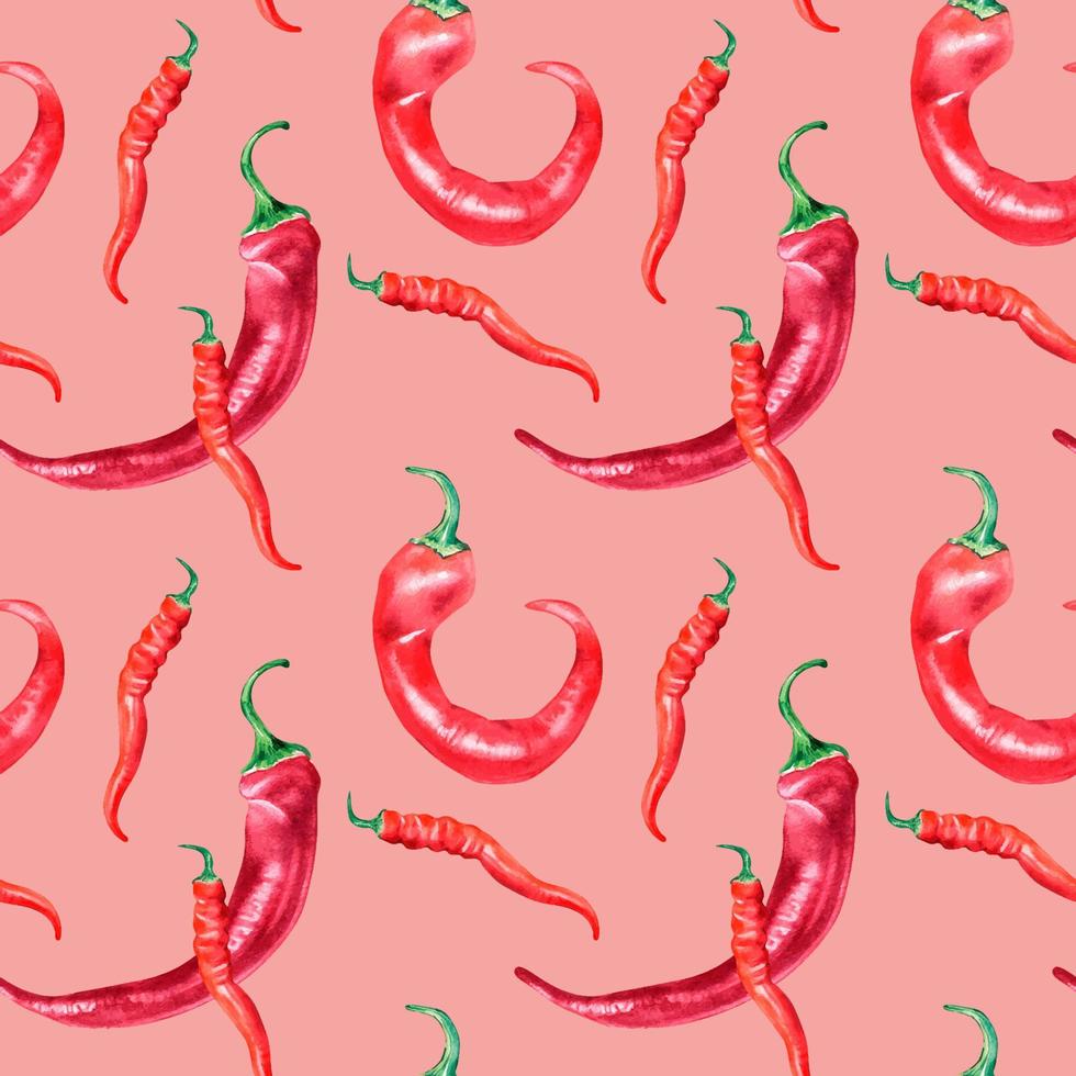 Red chili hot peppers watercolor seamless pattern isolated on pink background. vector