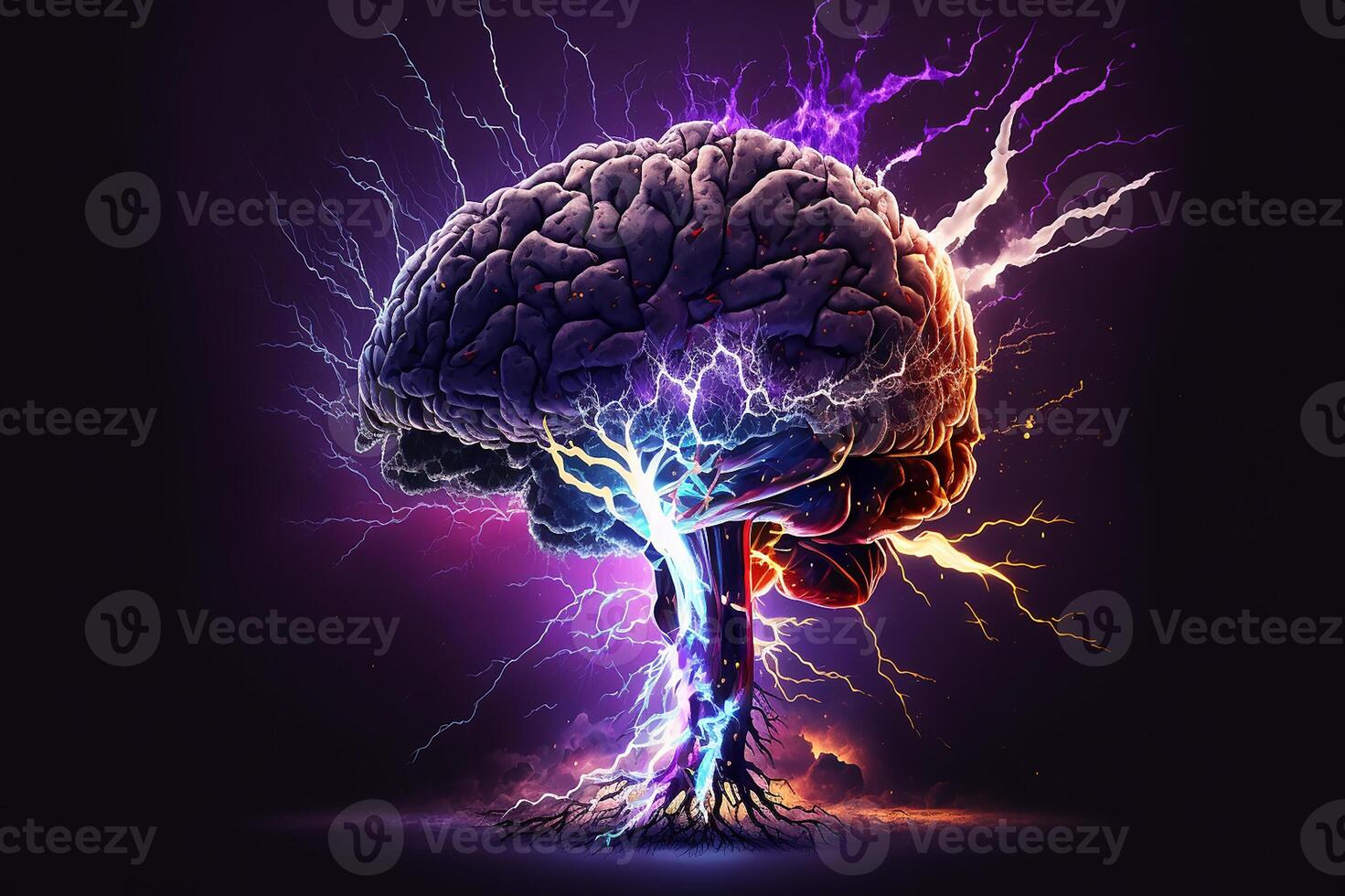 Brain blast, neon glowing brain with lightning bolts against a black background. Brainstorm, brain activity. photo