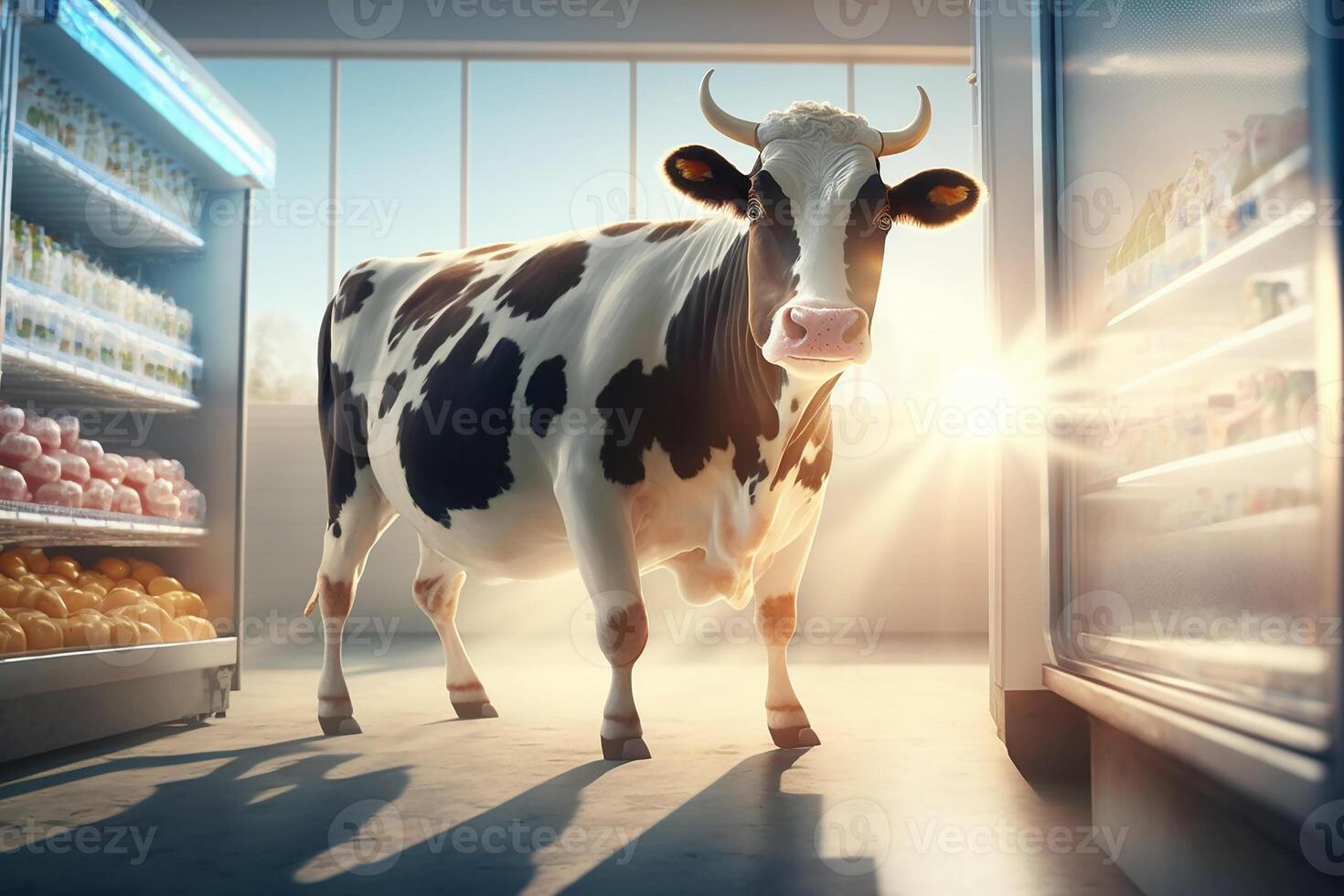 A cow buys milk at the store. photo