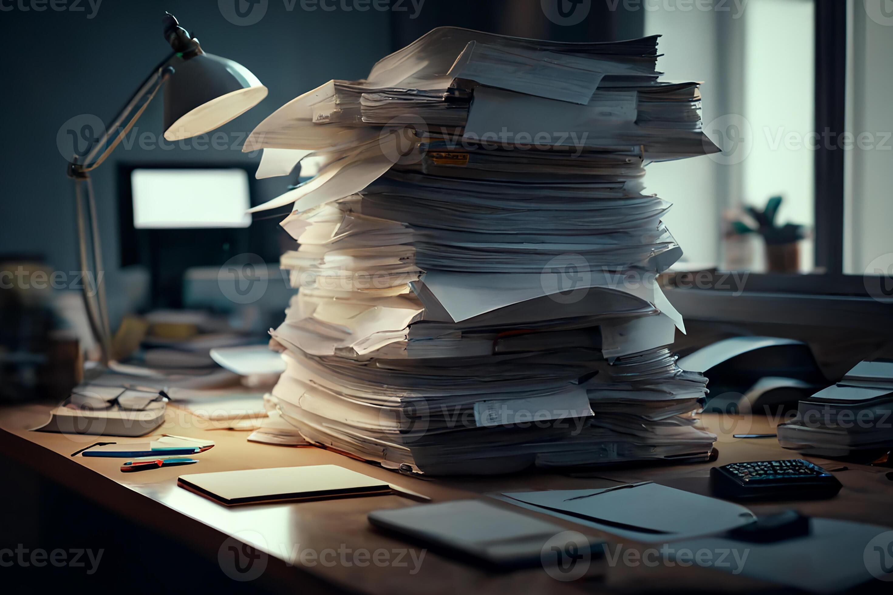 A large stack of papers in the office on the desk. Business analytics