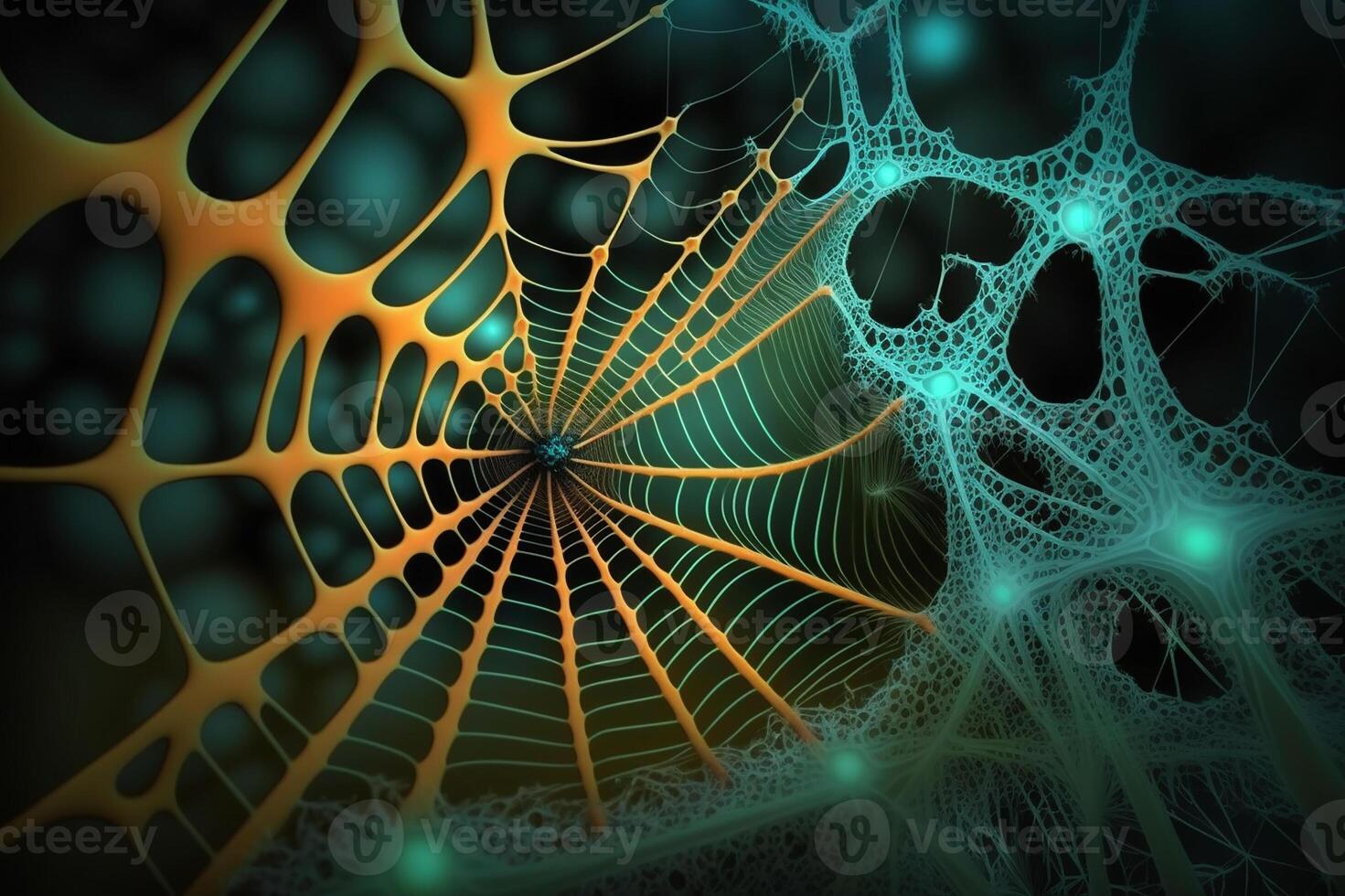 Digital web, abstract neural network, cell structure, fractal geometry, neon blue. I photo